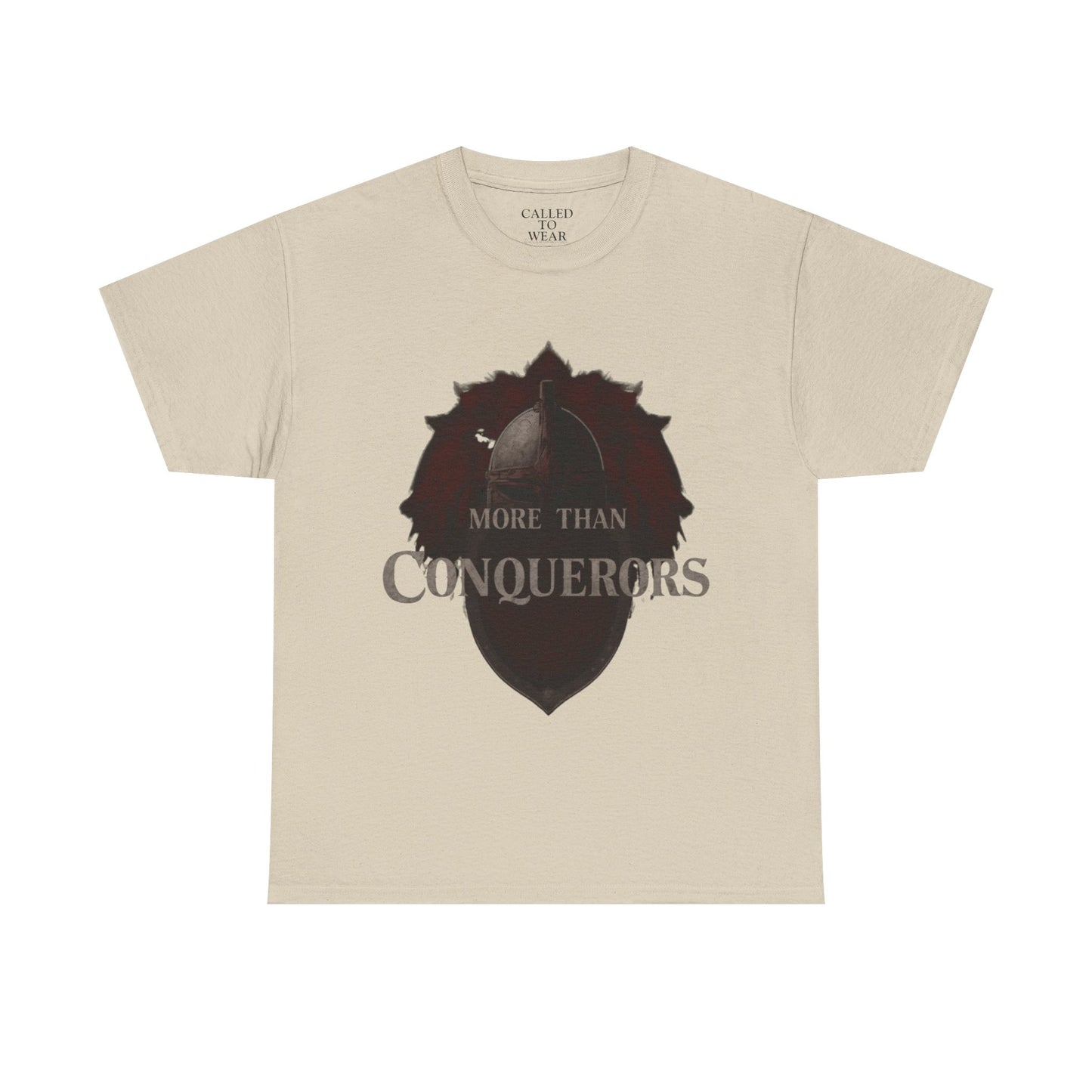 More Than Conquerors Tee | Shield Silhouette Christian faith typography