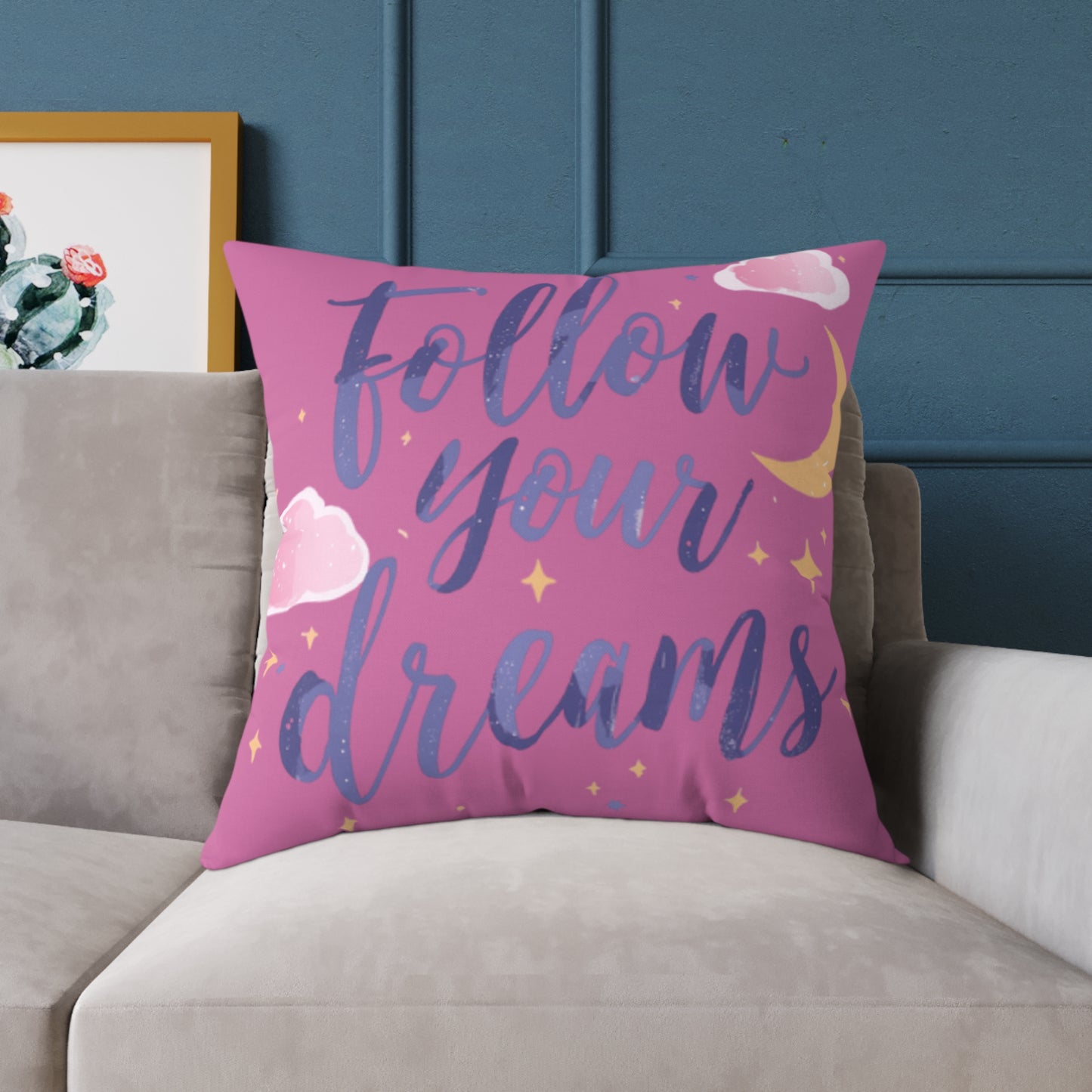 Follow Your Dreams script lettering Square Pillow | pink moon clouds stars