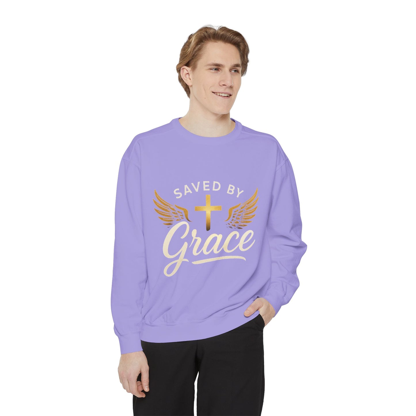 Saved by Grace Unisex Garment-Dyed Sweatshirt, Christian Sweatshirt, Faith Apparel, Inspirational Gift, Cozy Crewneck, Religious Clothing