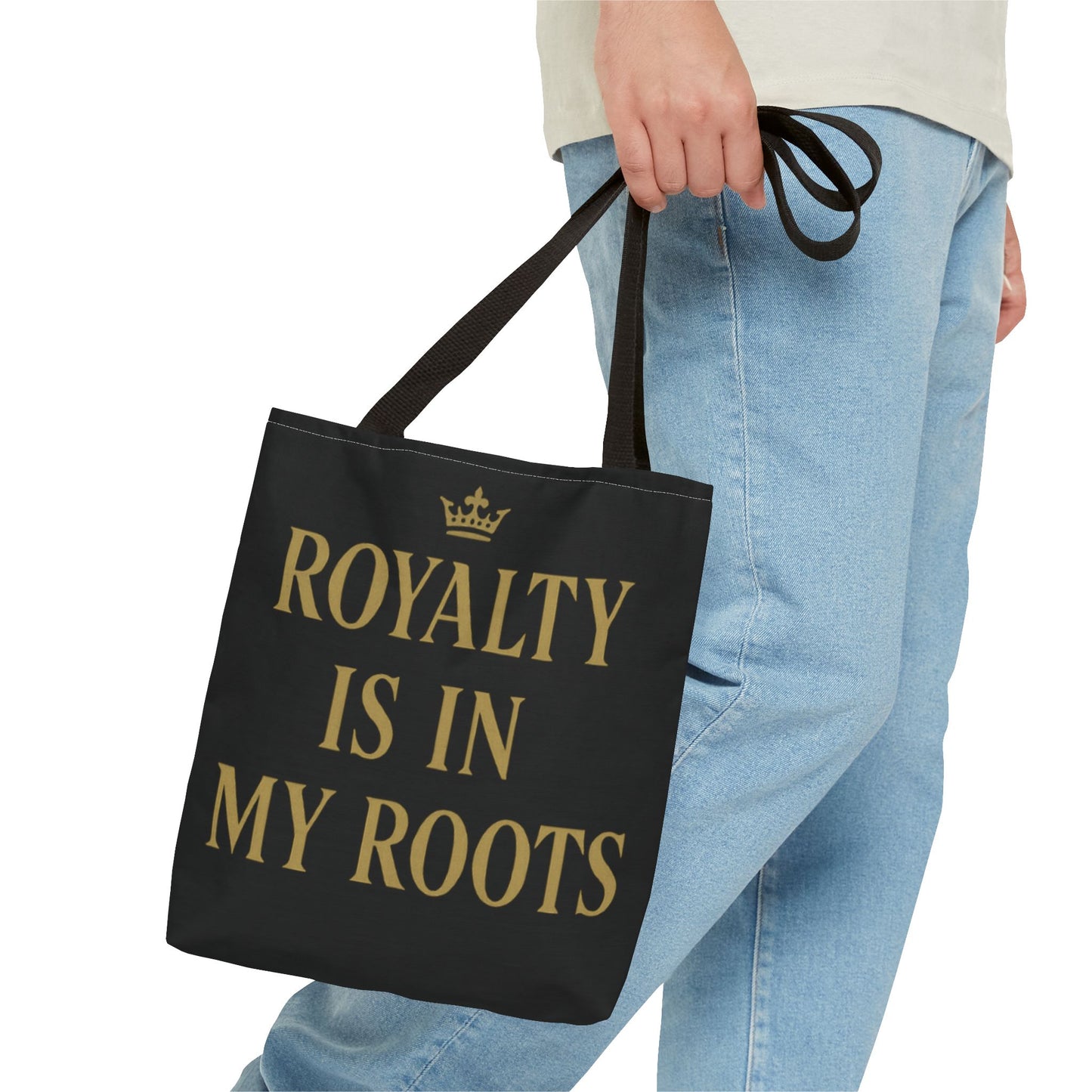 Royalty Is in My Roots Tote Bag - Stylish Eco-Friendly Carryall, Perfect Gift for Her, Black Gold Design, Daily Use, Travel Bag