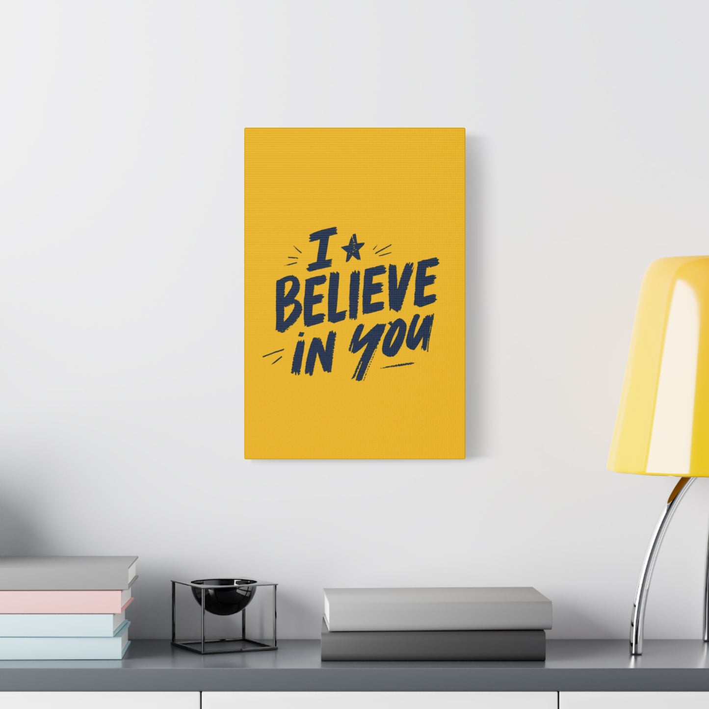 I Believe In You Canvas | Matte Stretched Wall Art, Navy Brush Lettering on Gold