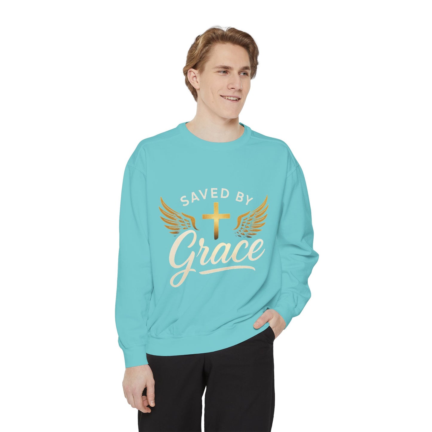 Saved by Grace Unisex Garment-Dyed Sweatshirt, Christian Sweatshirt, Faith Apparel, Inspirational Gift, Cozy Crewneck, Religious Clothing
