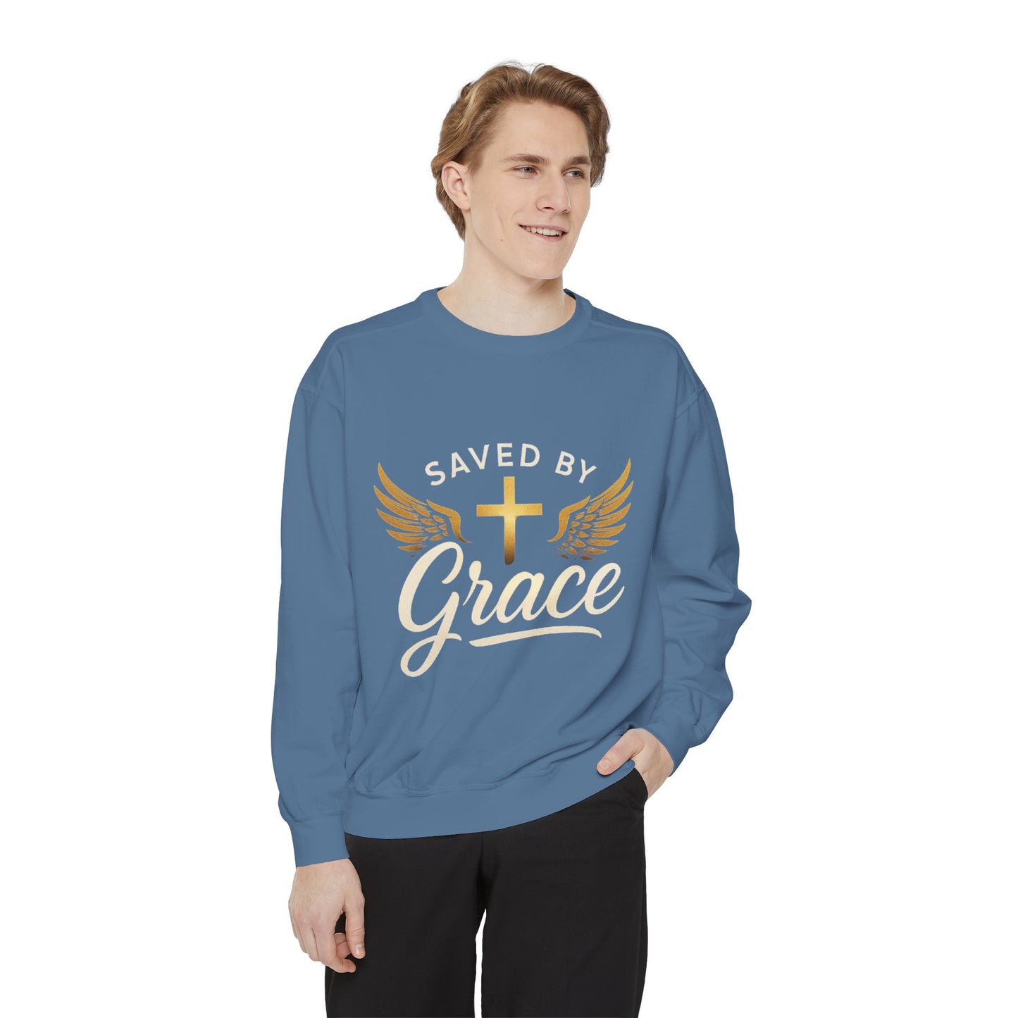 Saved by Grace Unisex Garment-Dyed Sweatshirt, Christian Sweatshirt, Faith Apparel, Inspirational Gift, Cozy Crewneck, Religious Clothing