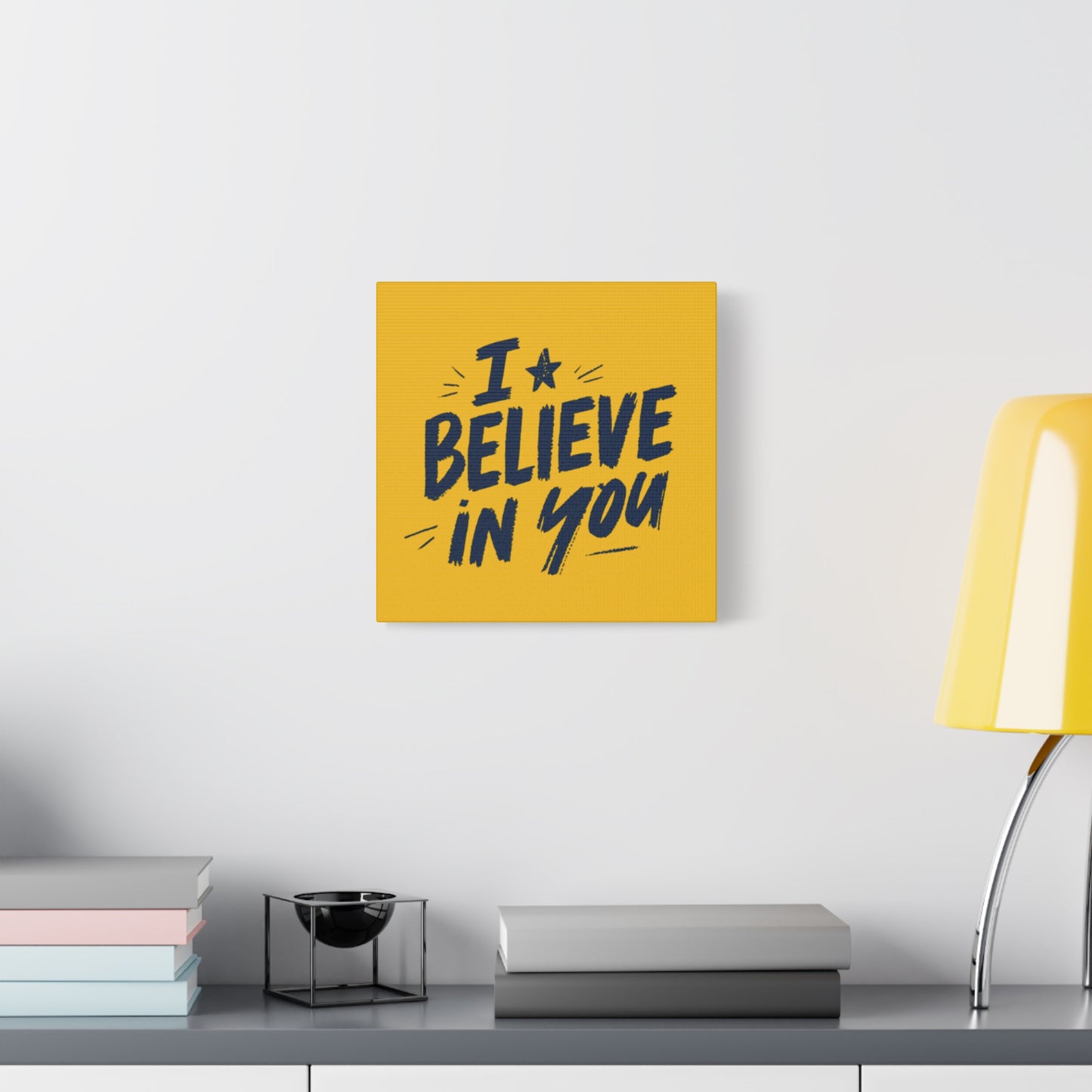 I Believe In You Canvas | Matte Stretched Wall Art, Navy Brush Lettering on Gold