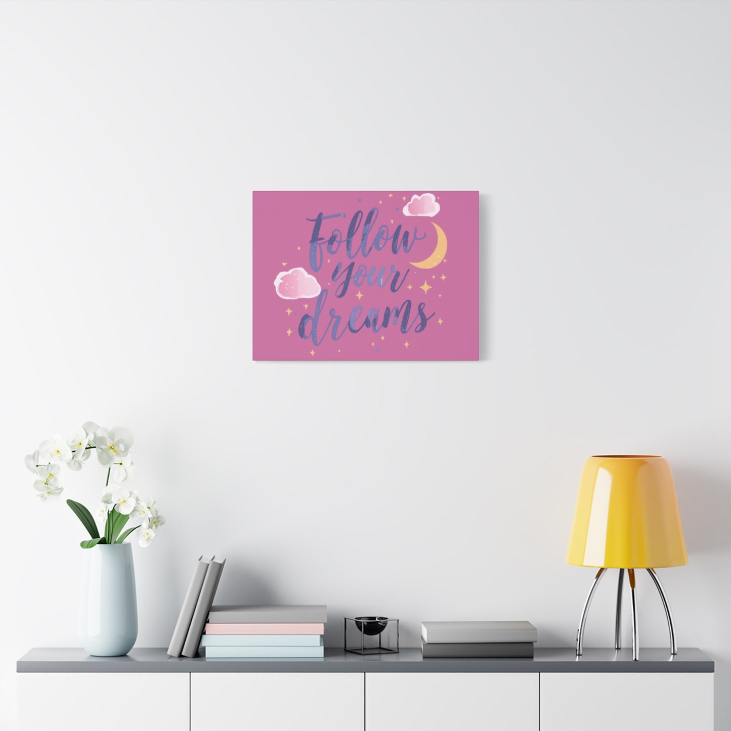 Follow Your Dreams Matte Canvas | Inspirational Wall Art, Pink Moon Clouds