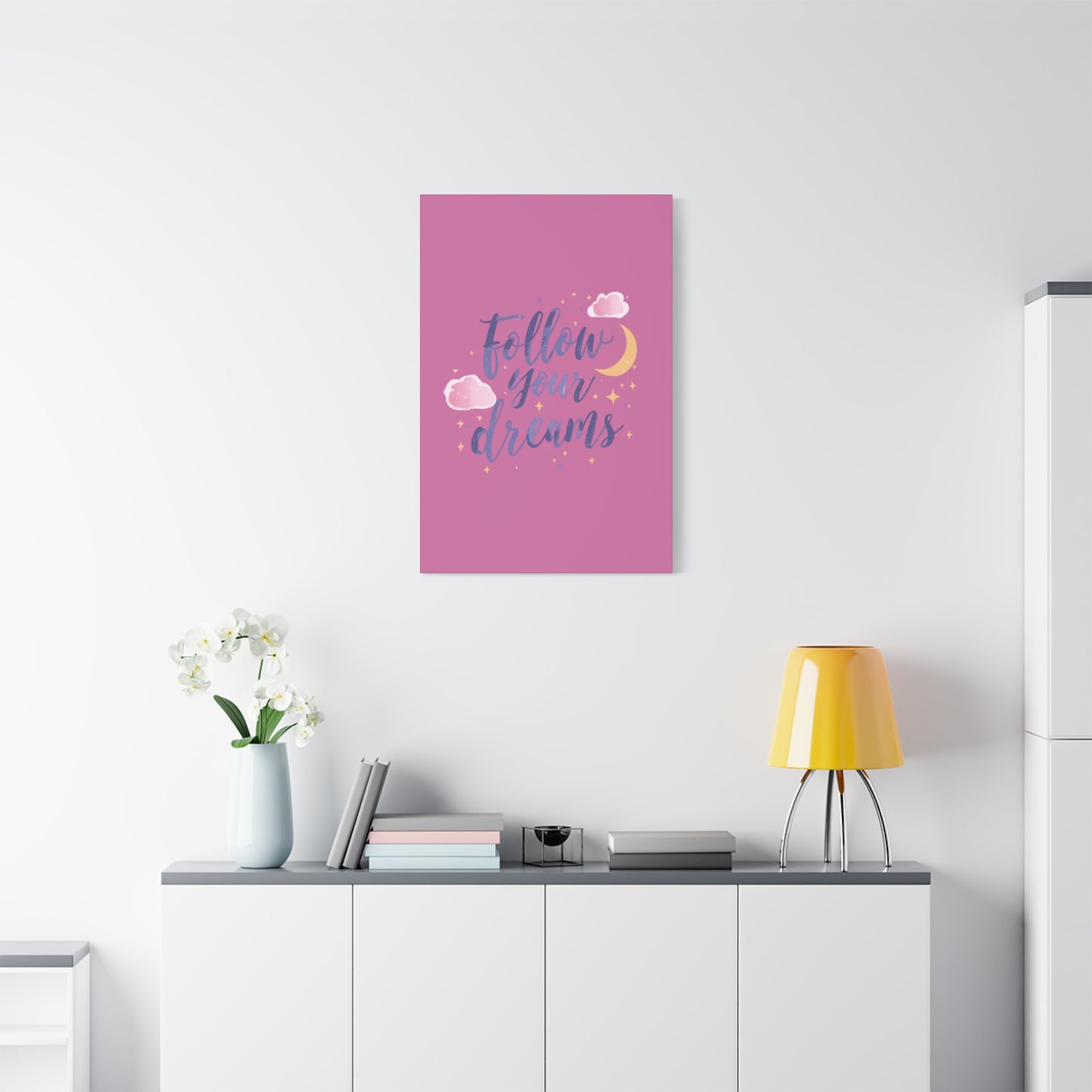 Follow Your Dreams Matte Canvas | Inspirational Wall Art, Pink Moon Clouds