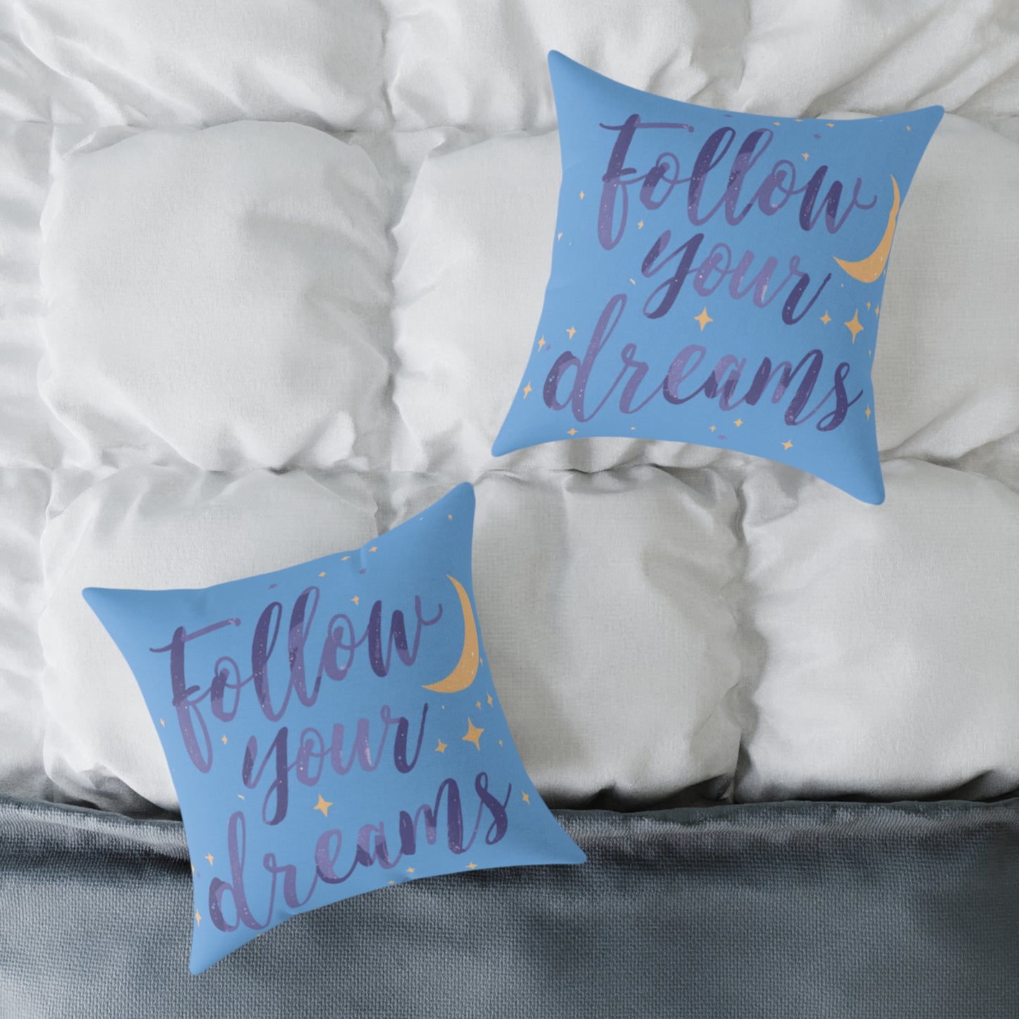 Follow Your Dreams pillow | Square poly canvas pillow, moon stars night design