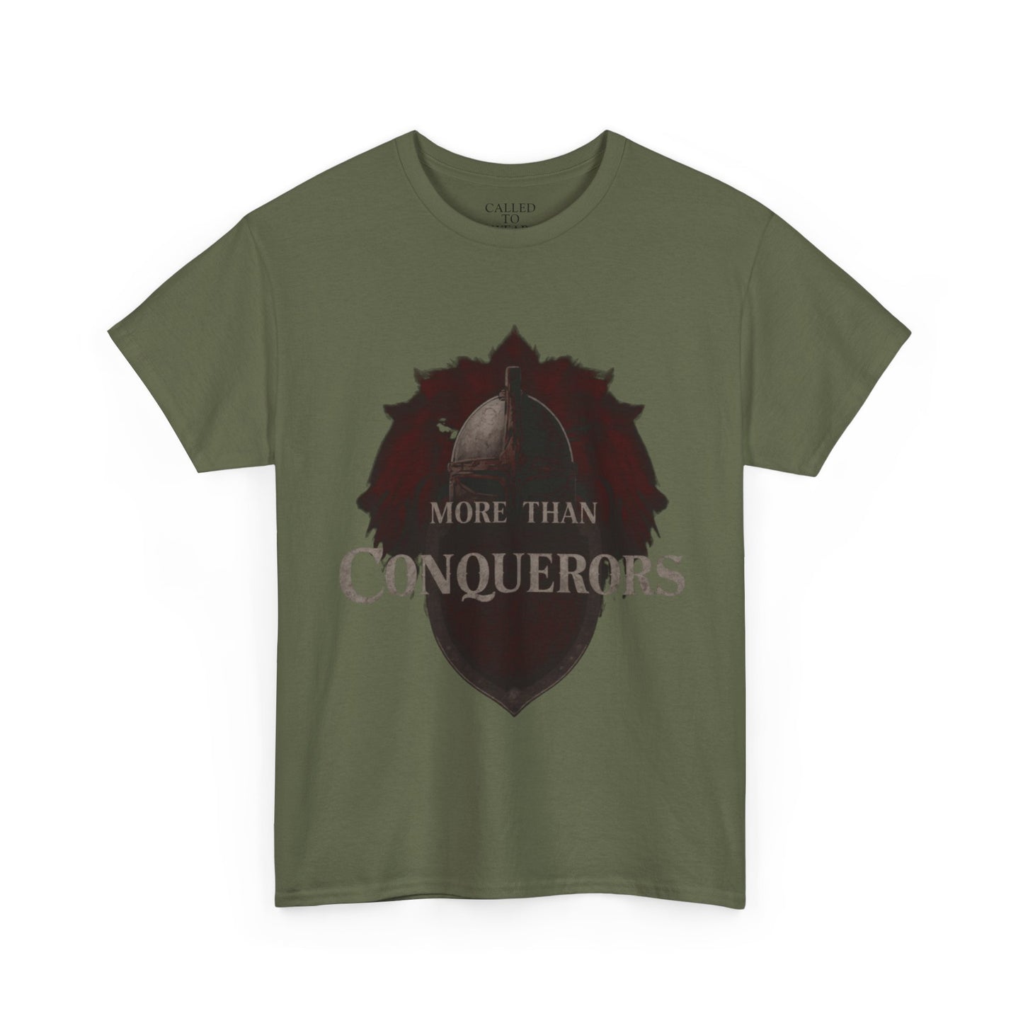 More Than Conquerors Tee | Shield Silhouette Christian faith typography