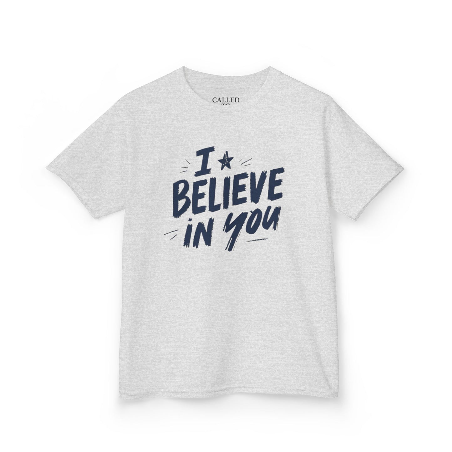 I Believe In You Kids Tee, Hand-Lettered Navy Script with Star | Encouragement Shirt
