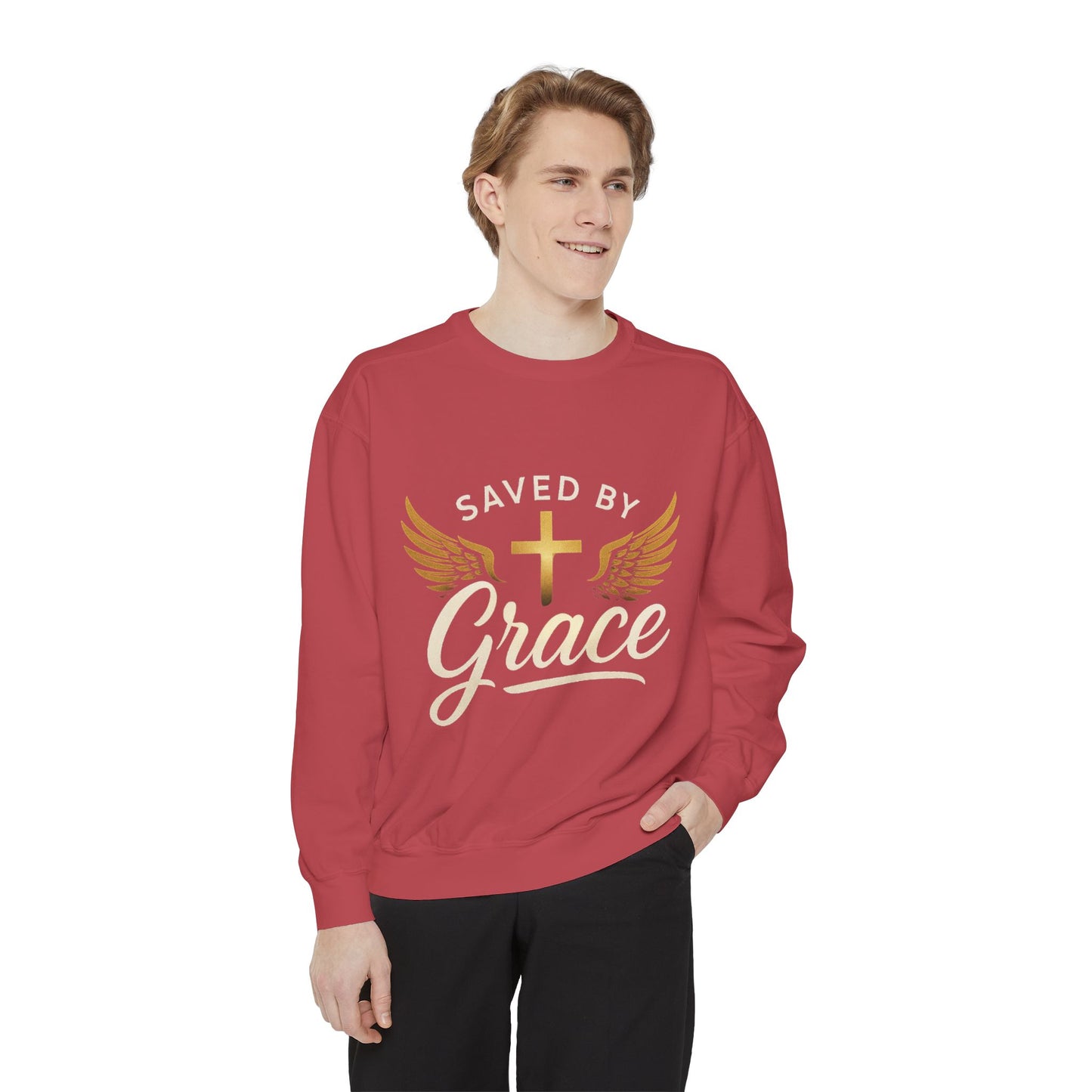 Saved by Grace Unisex Garment-Dyed Sweatshirt, Christian Sweatshirt, Faith Apparel, Inspirational Gift, Cozy Crewneck, Religious Clothing