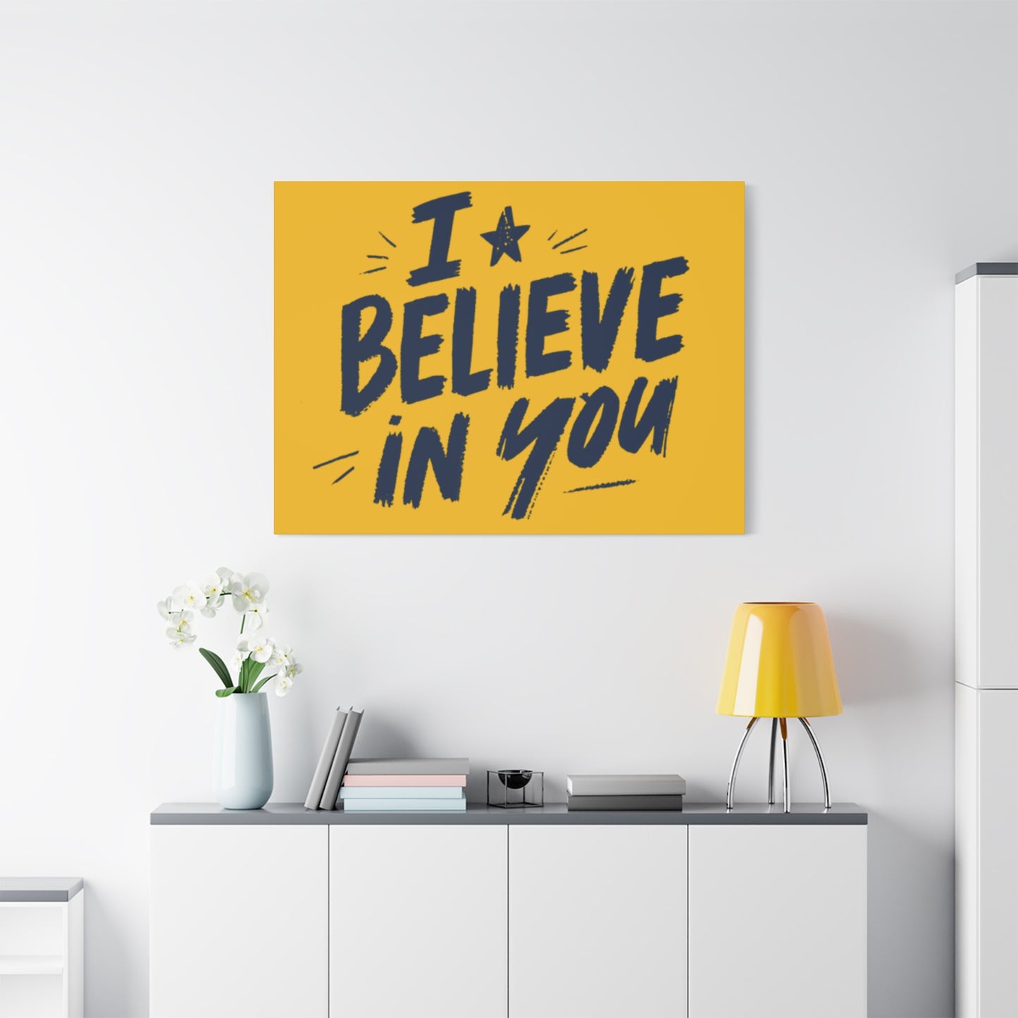I Believe In You Canvas | Matte Stretched Wall Art, Navy Brush Lettering on Gold
