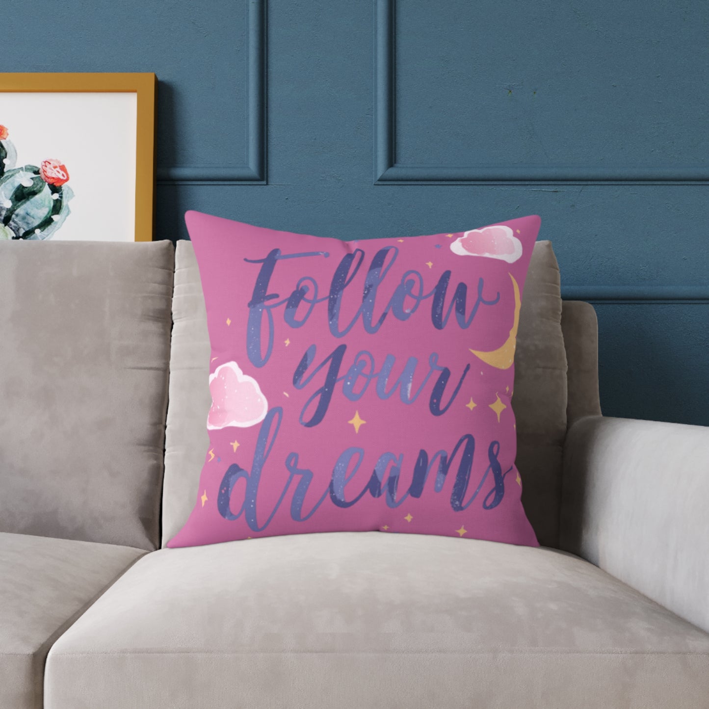 Follow Your Dreams script lettering Square Pillow | pink moon clouds stars