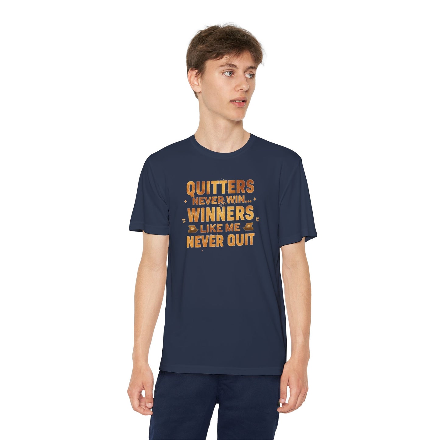 Quitters Never Win Winners Like Me Never Quit T-Shirt | Youth Competition Tee