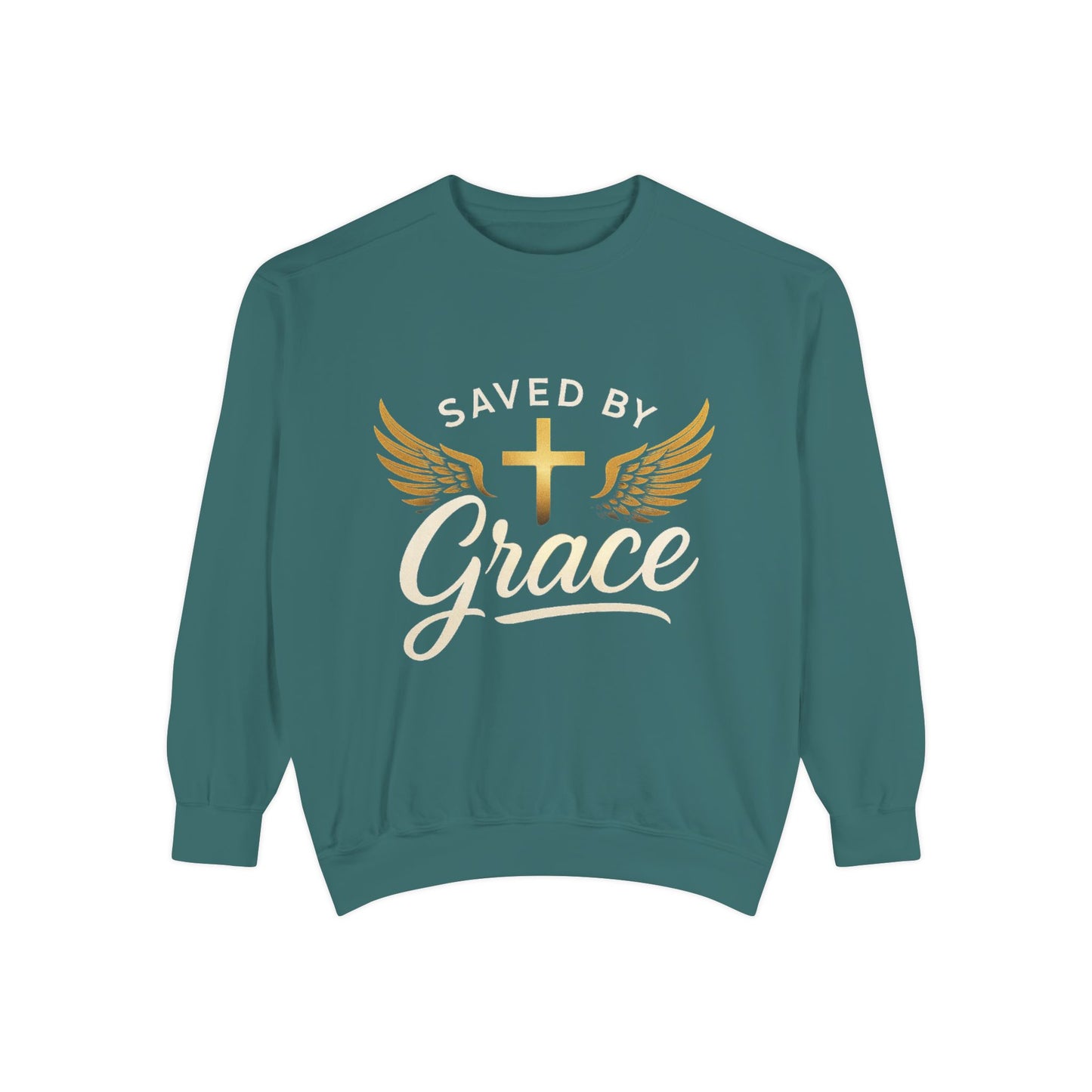 Saved by Grace Unisex Garment-Dyed Sweatshirt, Christian Sweatshirt, Faith Apparel, Inspirational Gift, Cozy Crewneck, Religious Clothing