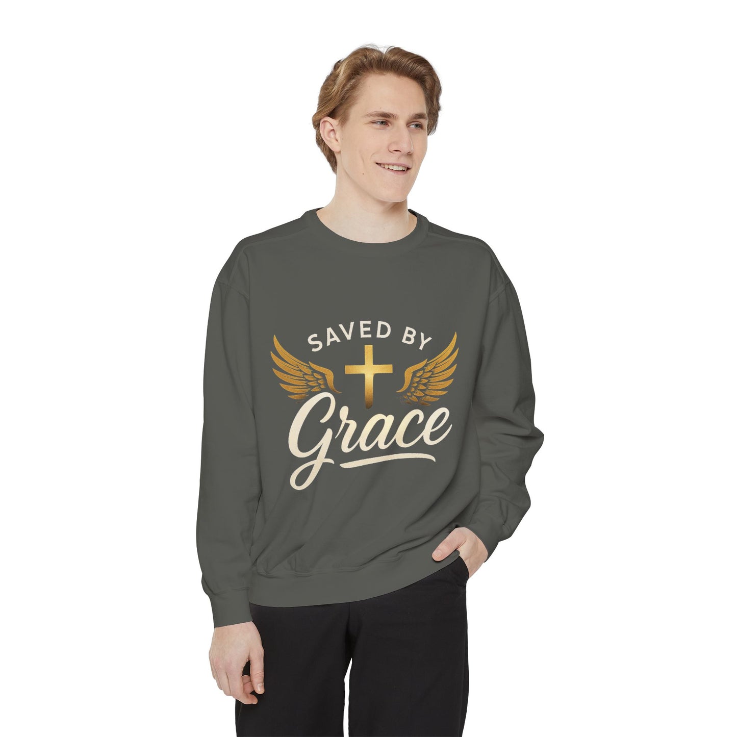 Saved by Grace Unisex Garment-Dyed Sweatshirt, Christian Sweatshirt, Faith Apparel, Inspirational Gift, Cozy Crewneck, Religious Clothing
