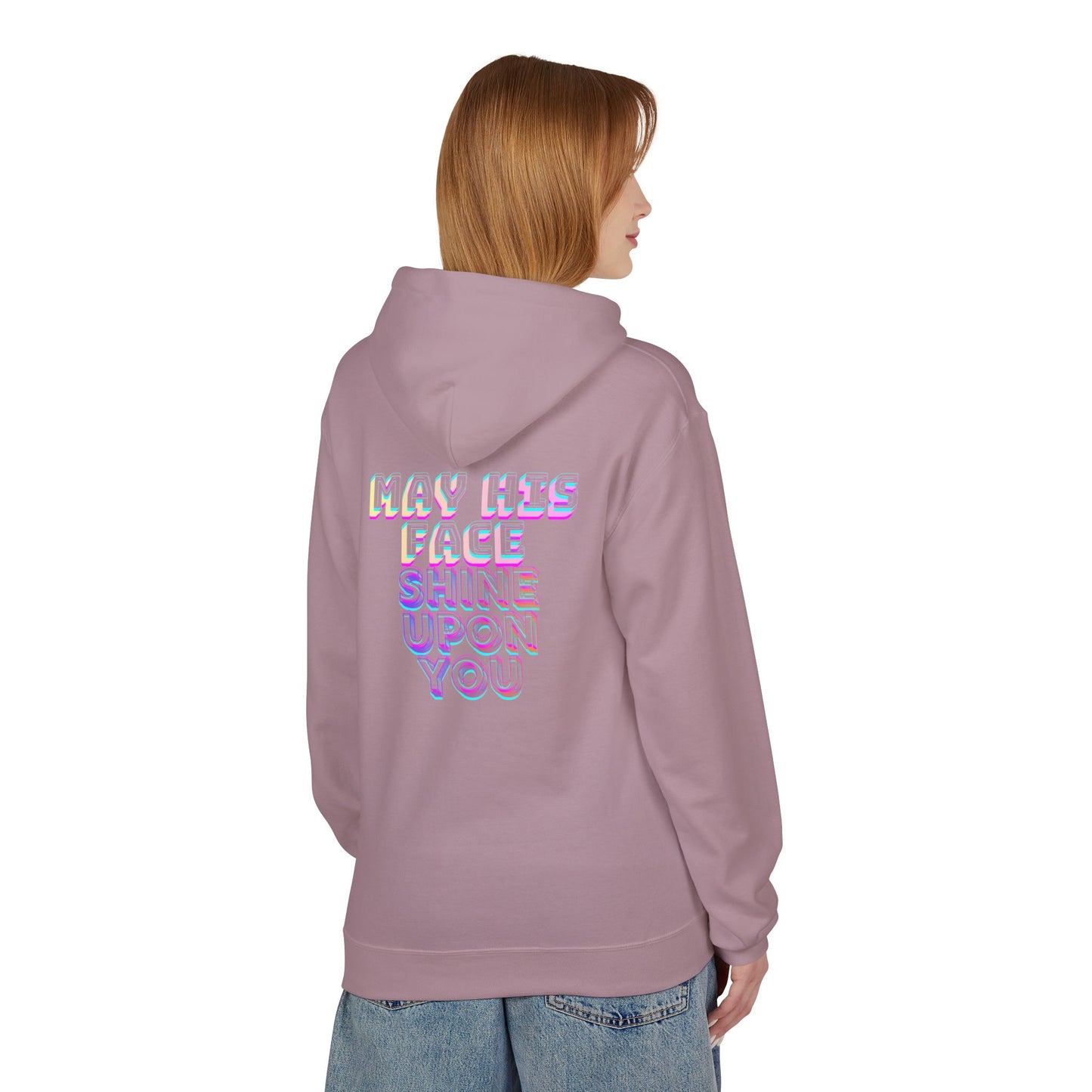 May His Face Shine Upon You Hoodie | Iridescent Lettering, Devotional Back Design