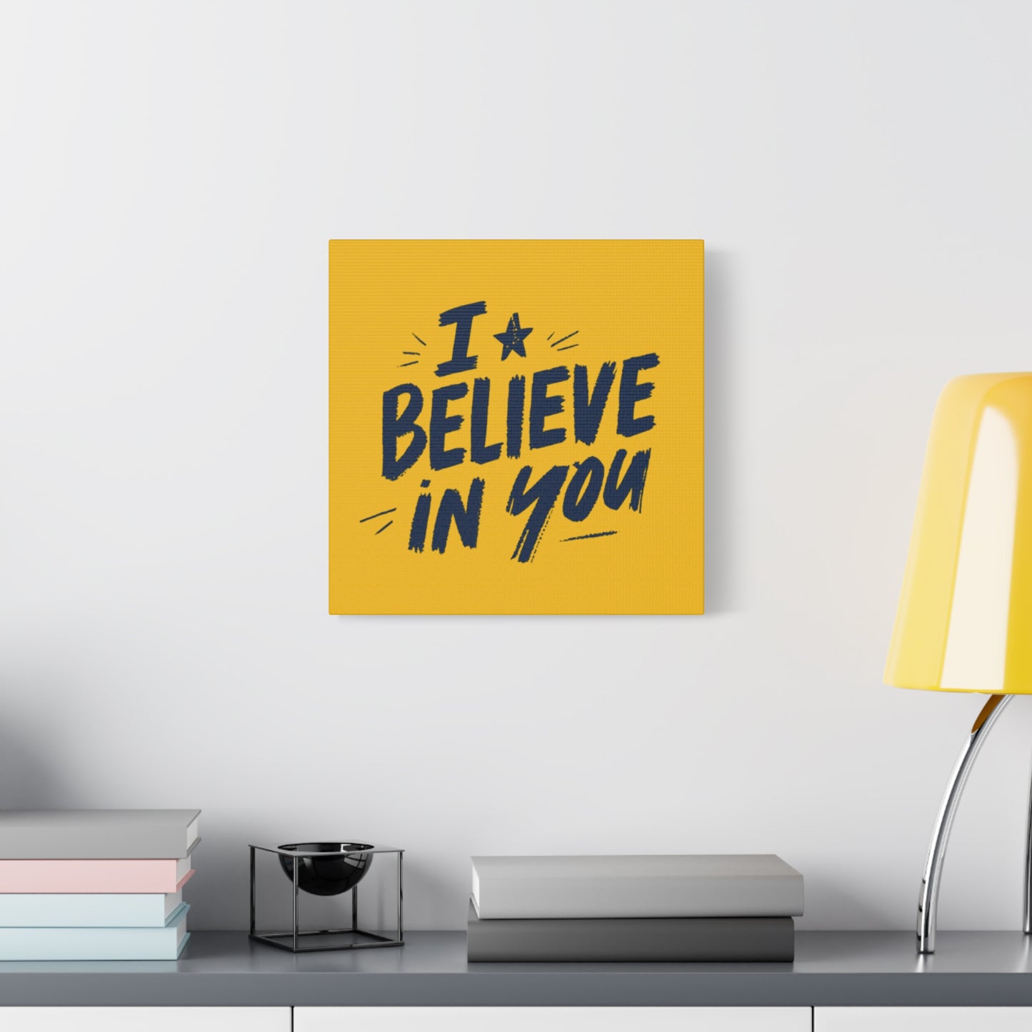 I Believe In You Canvas | Matte Stretched Wall Art, Navy Brush Lettering on Gold