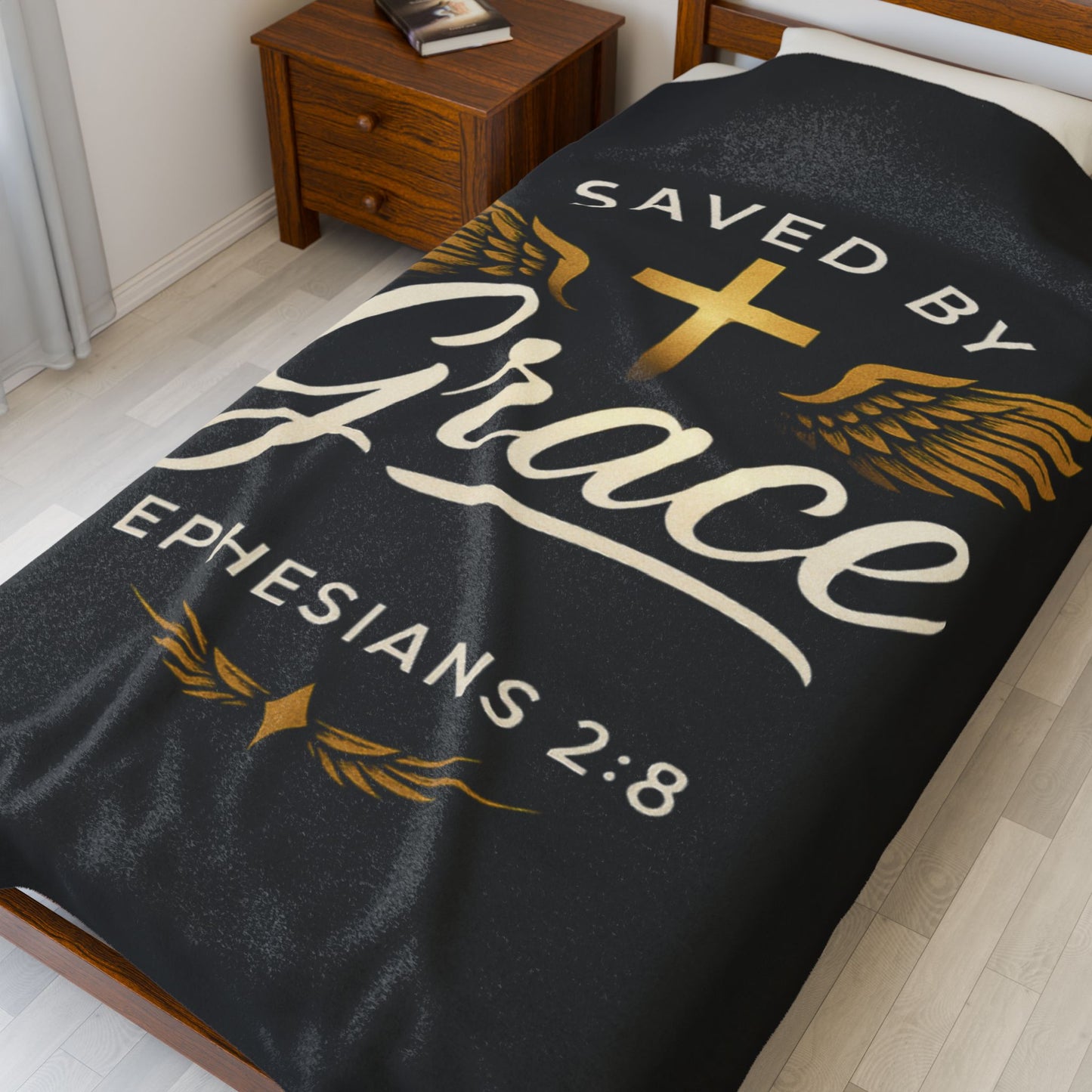 Saved by Grace Velveteen Plush Blanket, Cozy Blanket for Home, Christian Gift, Inspirational Decor, Bible Verse Blanket, Faith and Comfort