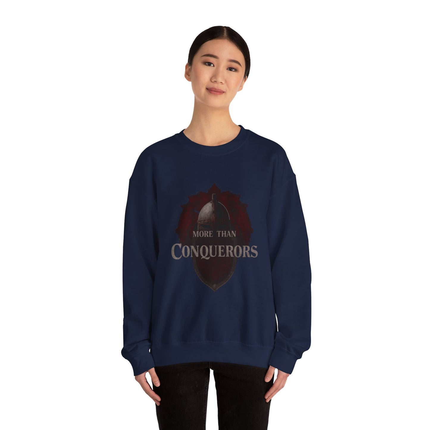More Than Conquerors Shield Crewneck Sweatshirt | Christian Faith Scripture