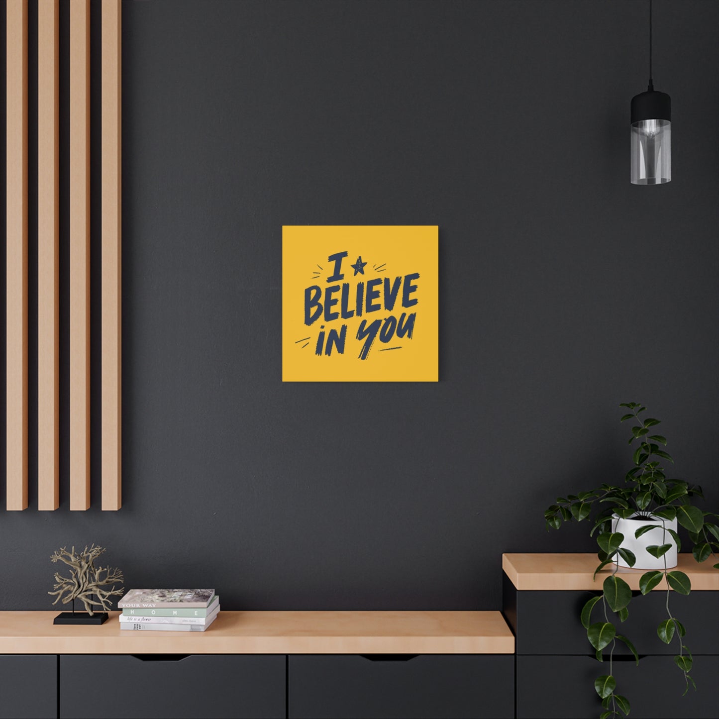 I Believe In You Canvas | Matte Stretched Wall Art, Navy Brush Lettering on Gold