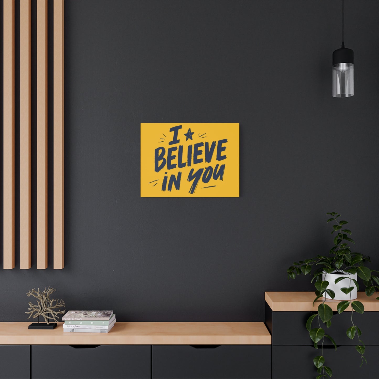 I Believe In You Canvas | Matte Stretched Wall Art, Navy Brush Lettering on Gold