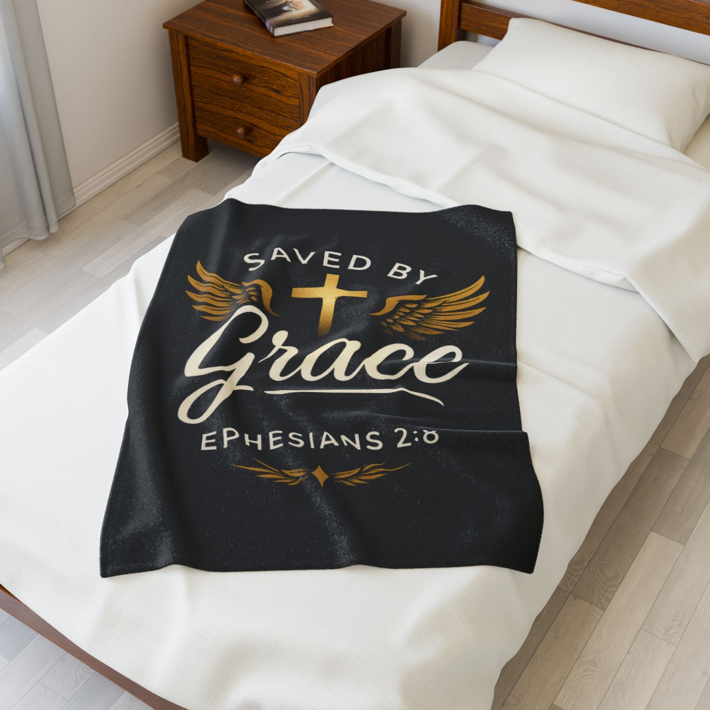 Saved by Grace Velveteen Plush Blanket, Cozy Blanket for Home, Christian Gift, Inspirational Decor, Bible Verse Blanket, Faith and Comfort