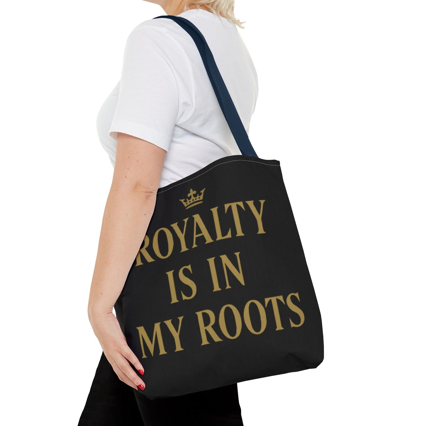 Royalty Is in My Roots Tote Bag - Stylish Eco-Friendly Carryall, Perfect Gift for Her, Black Gold Design, Daily Use, Travel Bag