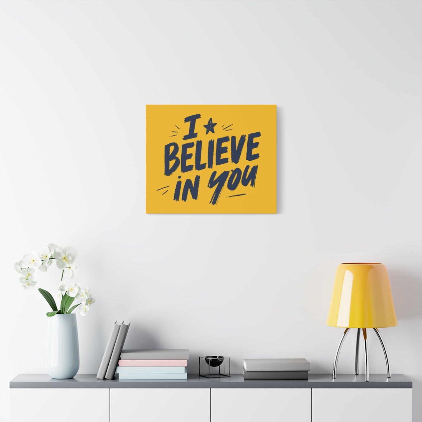 I Believe In You Canvas | Matte Stretched Wall Art, Navy Brush Lettering on Gold