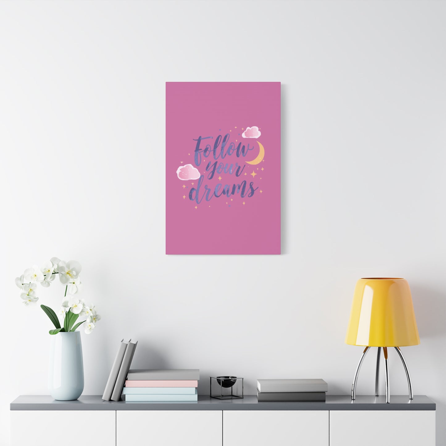 Follow Your Dreams Matte Canvas | Inspirational Wall Art, Pink Moon Clouds