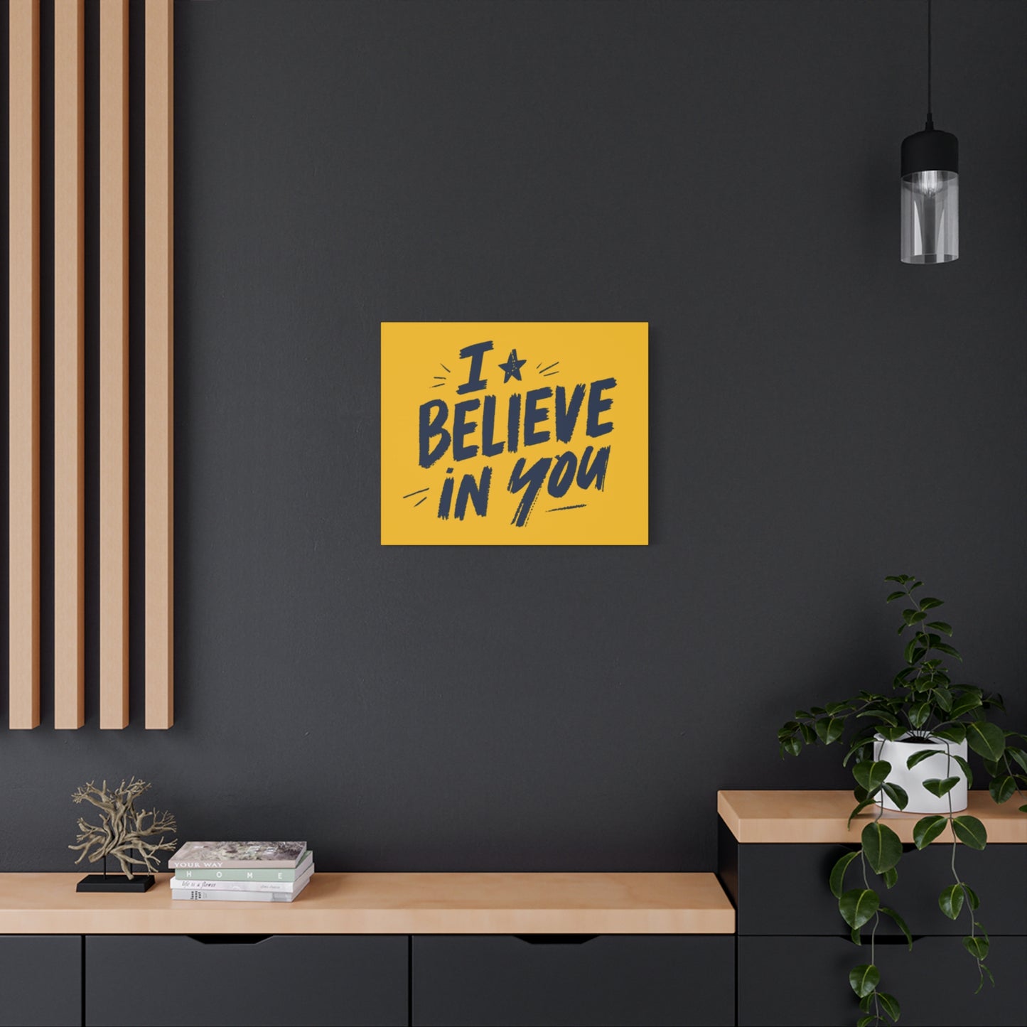 I Believe In You Canvas | Matte Stretched Wall Art, Navy Brush Lettering on Gold