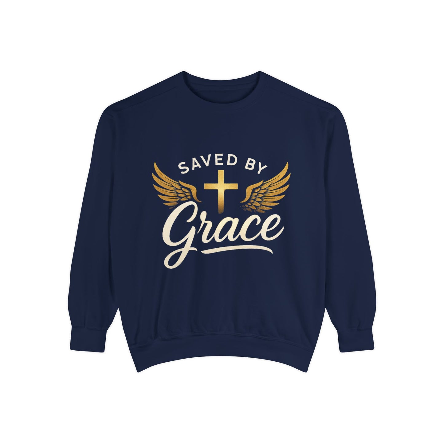 Saved by Grace Unisex Garment-Dyed Sweatshirt, Christian Sweatshirt, Faith Apparel, Inspirational Gift, Cozy Crewneck, Religious Clothing