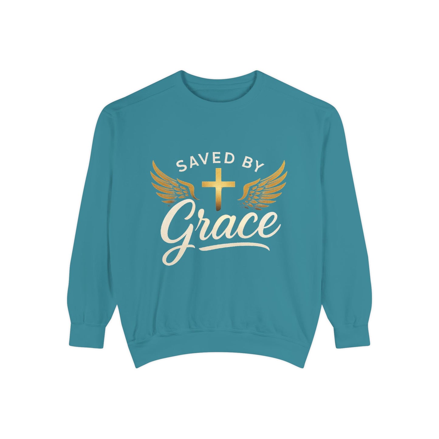 Saved by Grace Unisex Garment-Dyed Sweatshirt, Christian Sweatshirt, Faith Apparel, Inspirational Gift, Cozy Crewneck, Religious Clothing