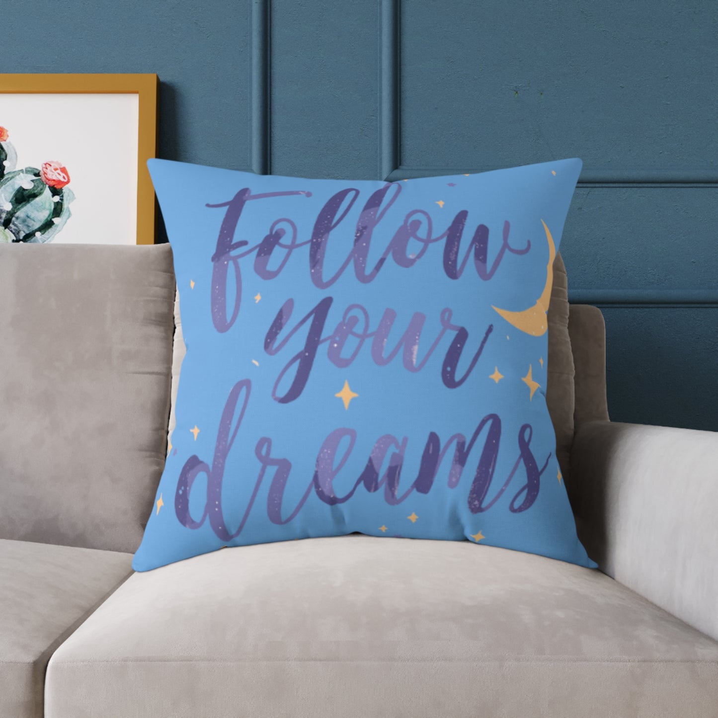 Follow Your Dreams pillow | Square poly canvas pillow, moon stars night design