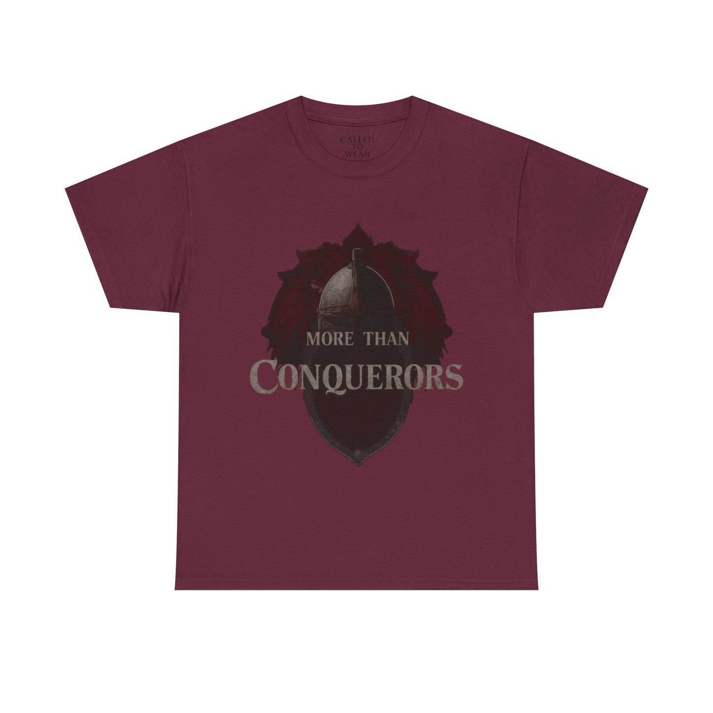 More Than Conquerors Tee | Shield Silhouette Christian faith typography