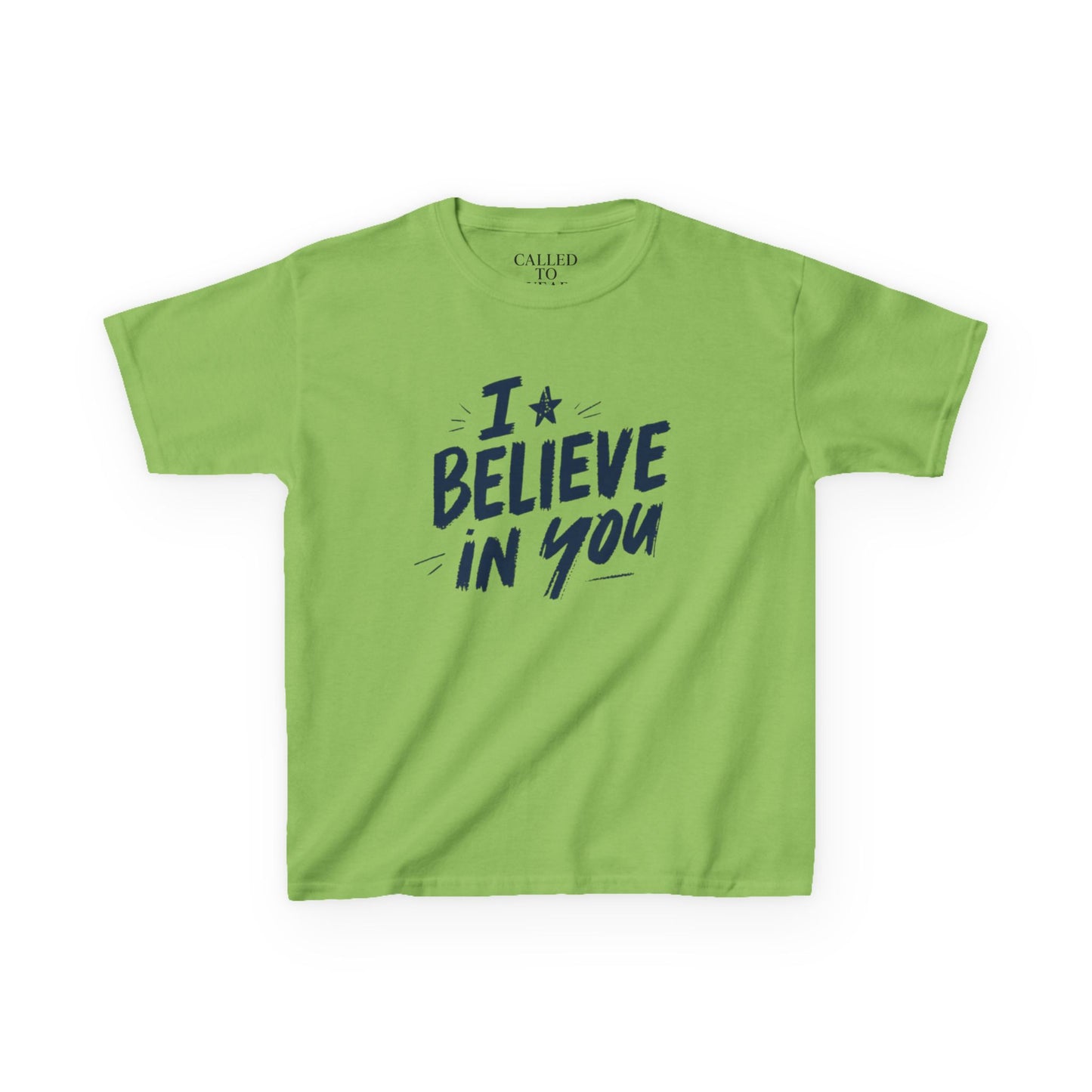 I Believe In You Kids Tee, Hand-Lettered Navy Script with Star | Encouragement Shirt