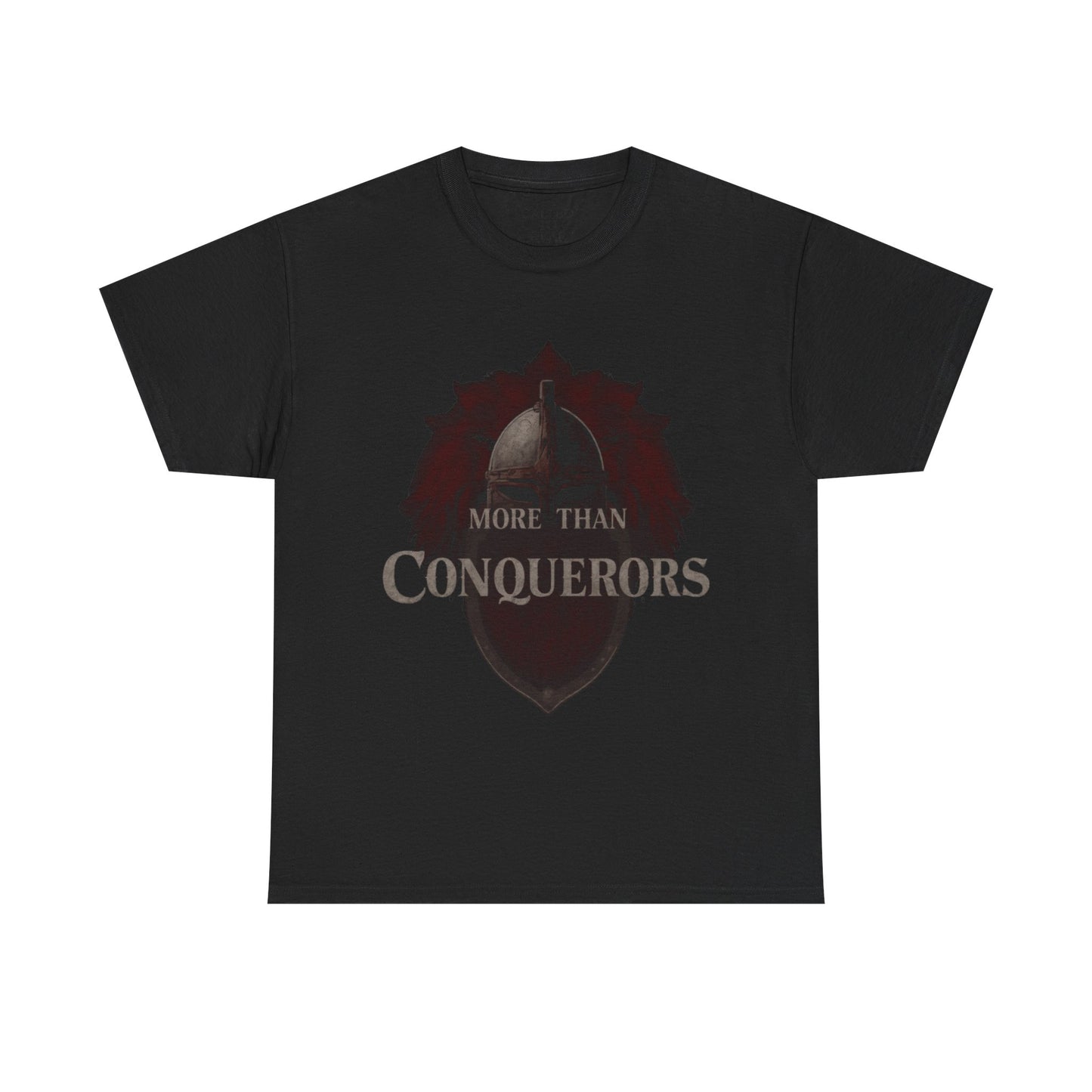 More Than Conquerors Tee | Shield Silhouette Christian faith typography
