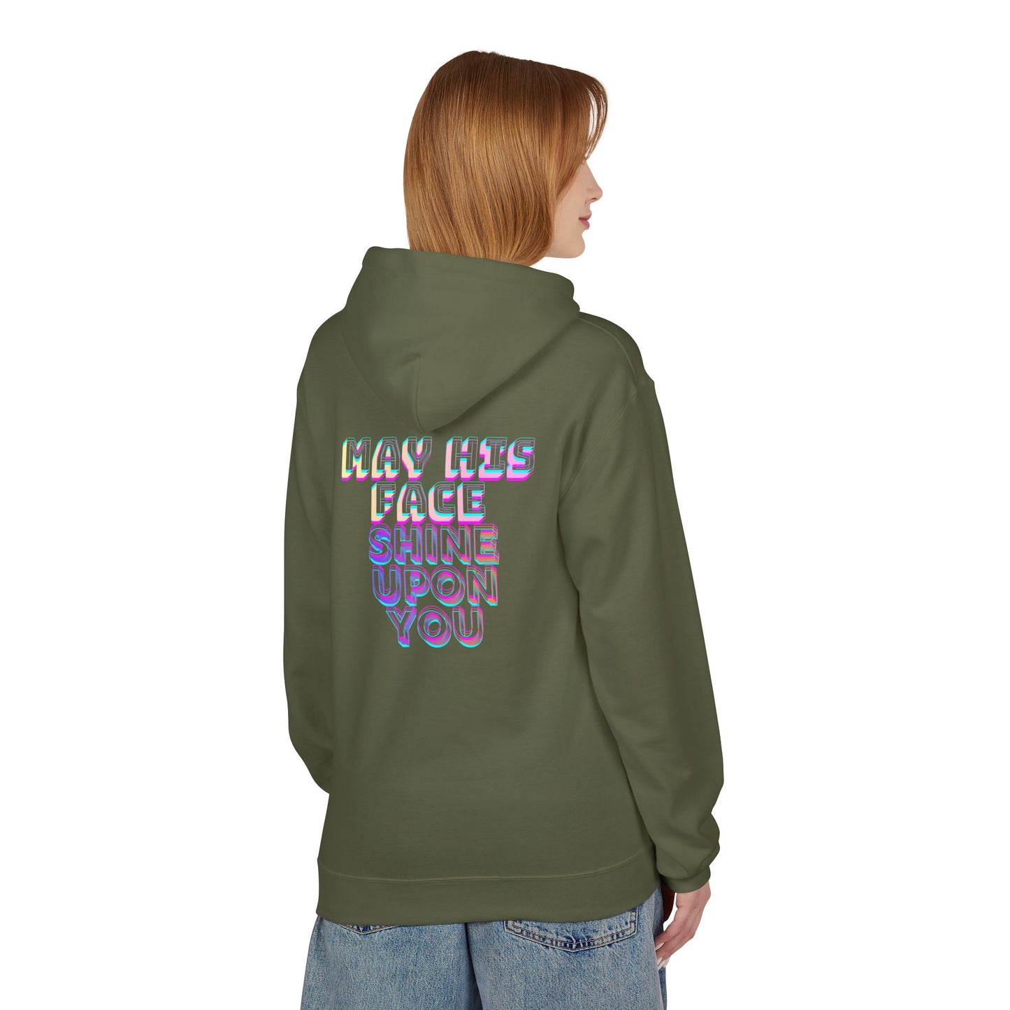 May His Face Shine Upon You Hoodie | Iridescent Lettering, Devotional Back Design