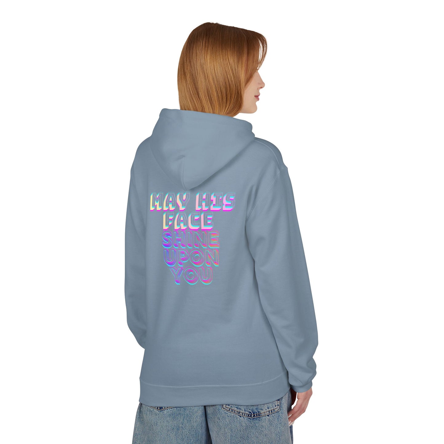 May His Face Shine Upon You Hoodie | Iridescent Lettering, Devotional Back Design