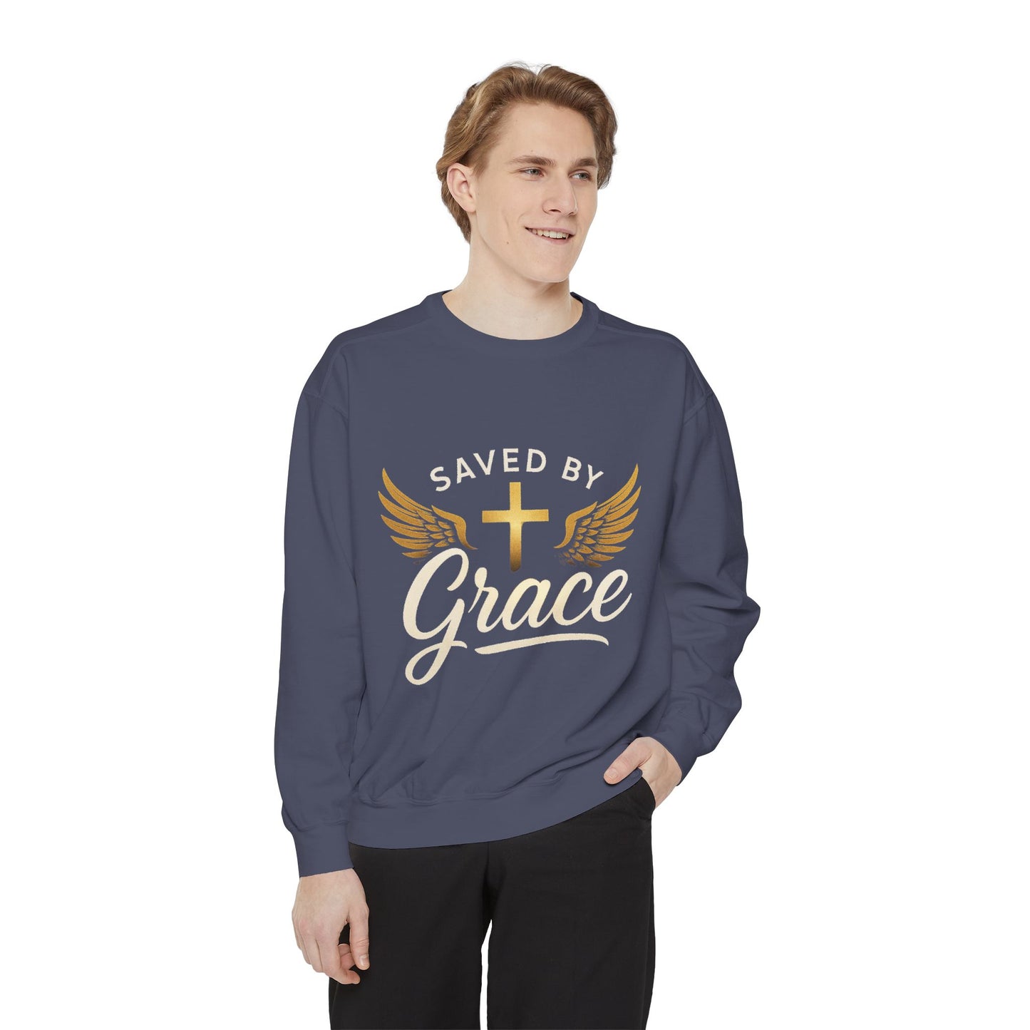 Saved by Grace Unisex Garment-Dyed Sweatshirt, Christian Sweatshirt, Faith Apparel, Inspirational Gift, Cozy Crewneck, Religious Clothing