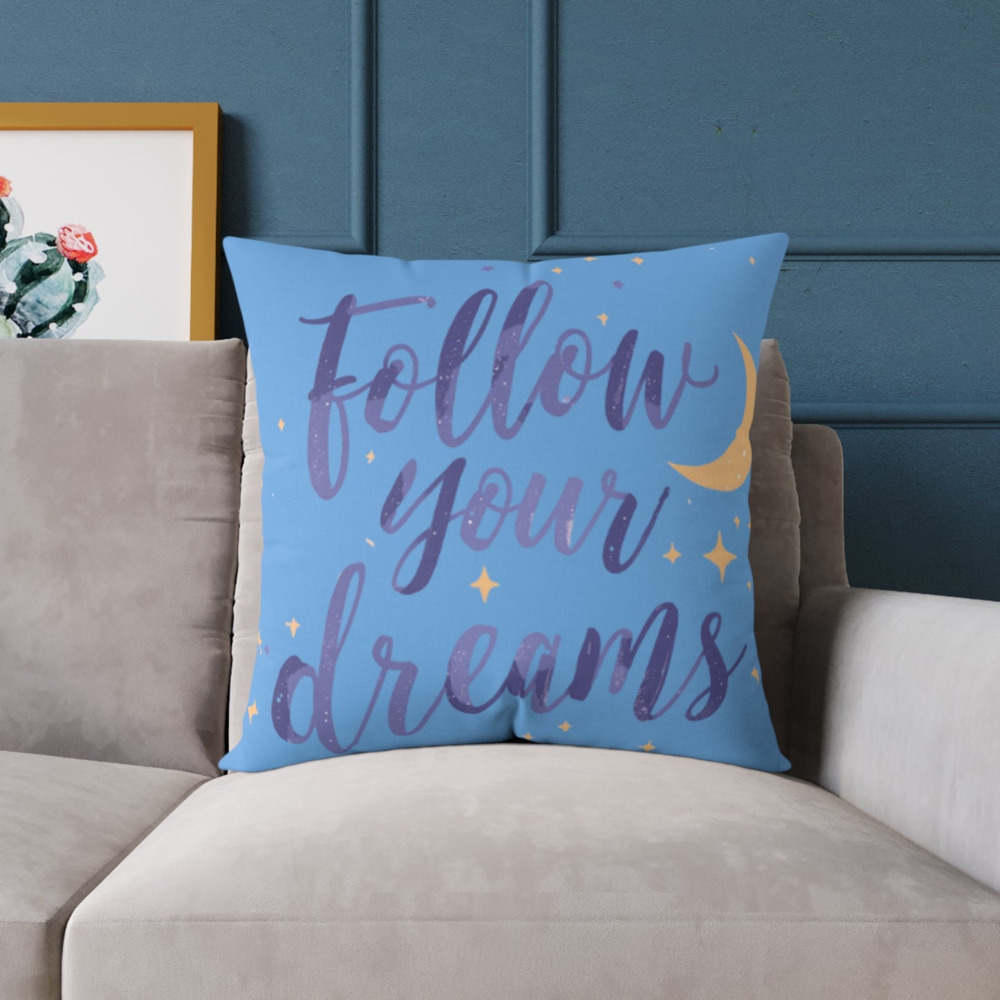 Follow Your Dreams pillow | Square poly canvas pillow, moon stars night design