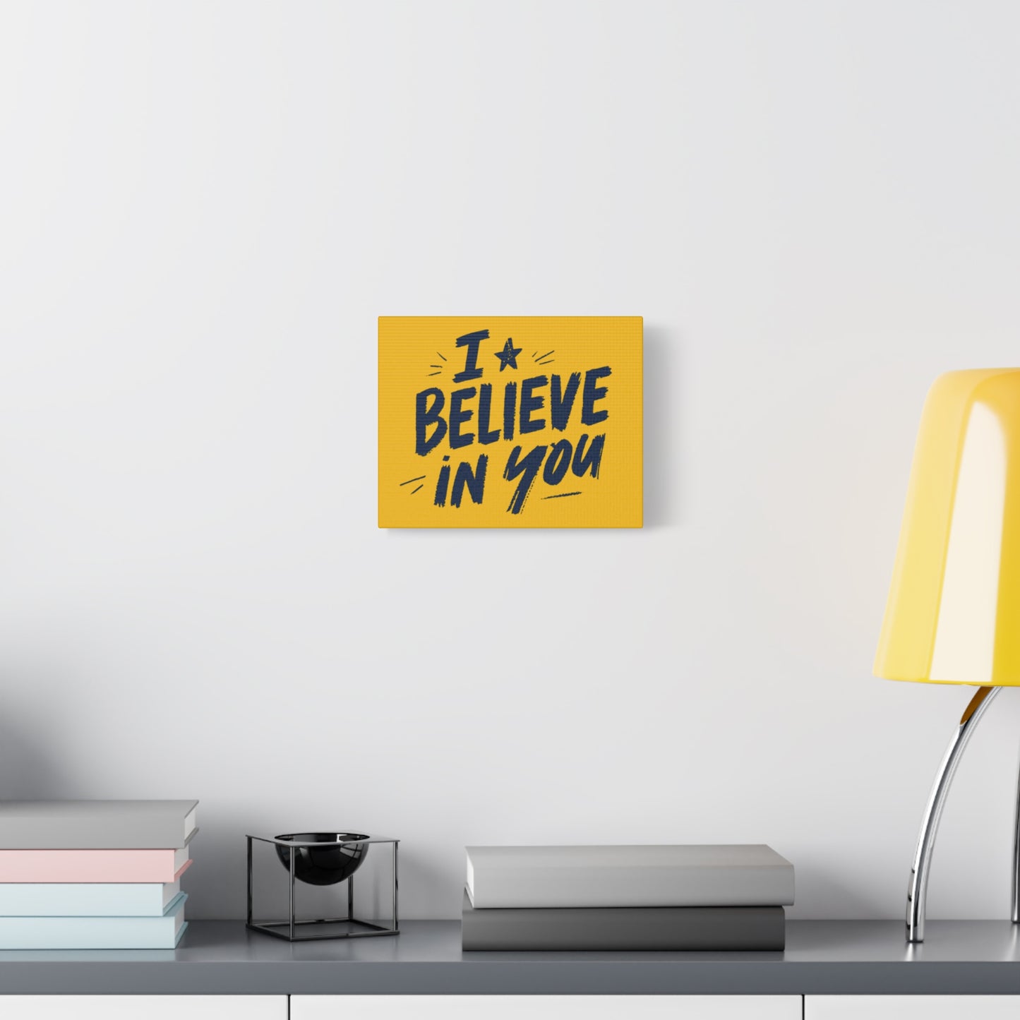 I Believe In You Canvas | Matte Stretched Wall Art, Navy Brush Lettering on Gold