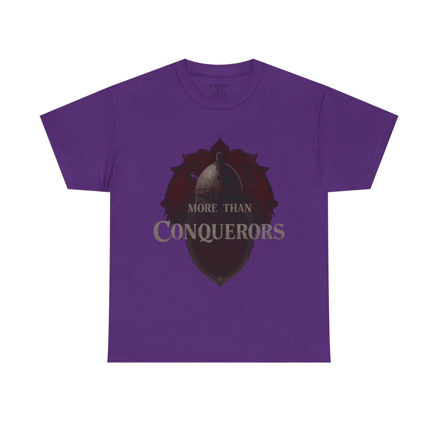 More Than Conquerors Tee | Shield Silhouette Christian faith typography