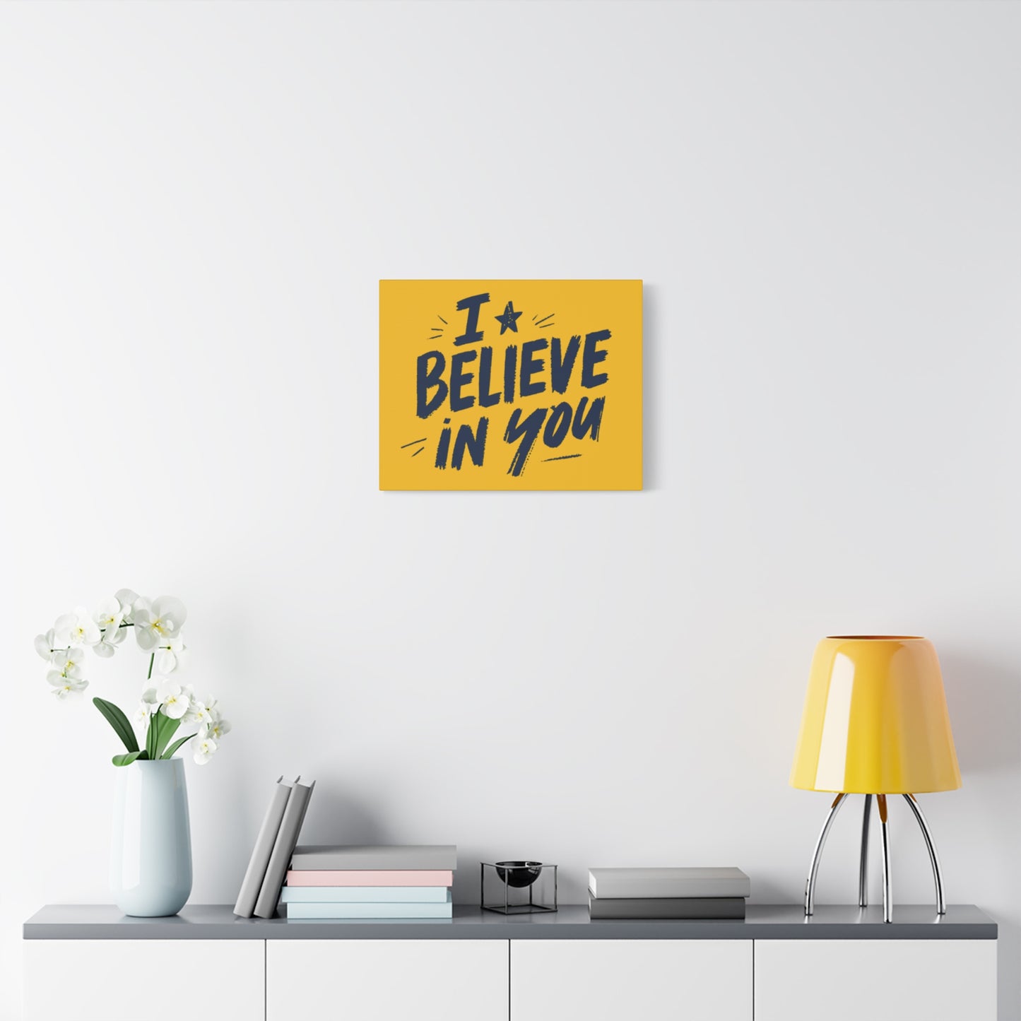 I Believe In You Canvas | Matte Stretched Wall Art, Navy Brush Lettering on Gold