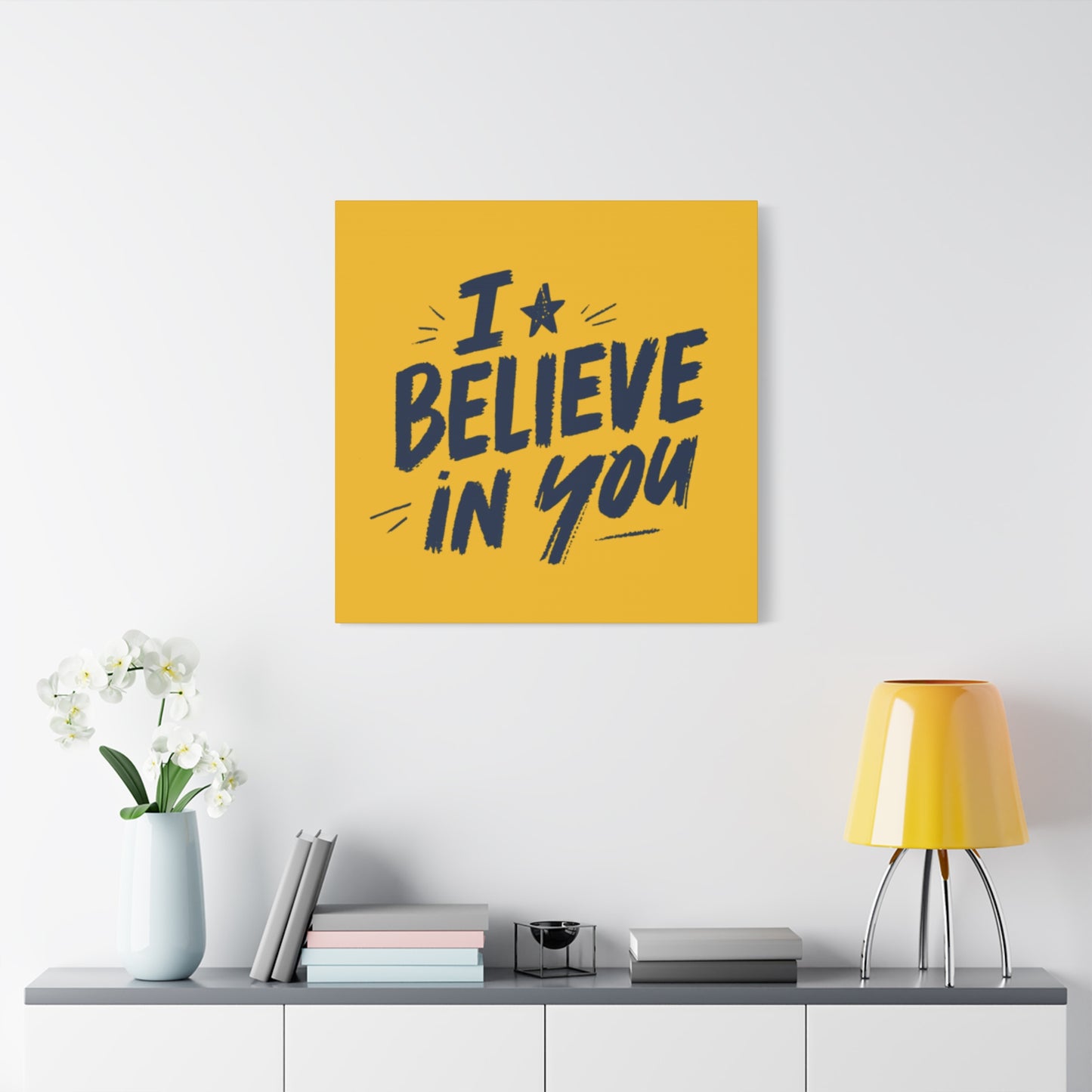 I Believe In You Canvas | Matte Stretched Wall Art, Navy Brush Lettering on Gold