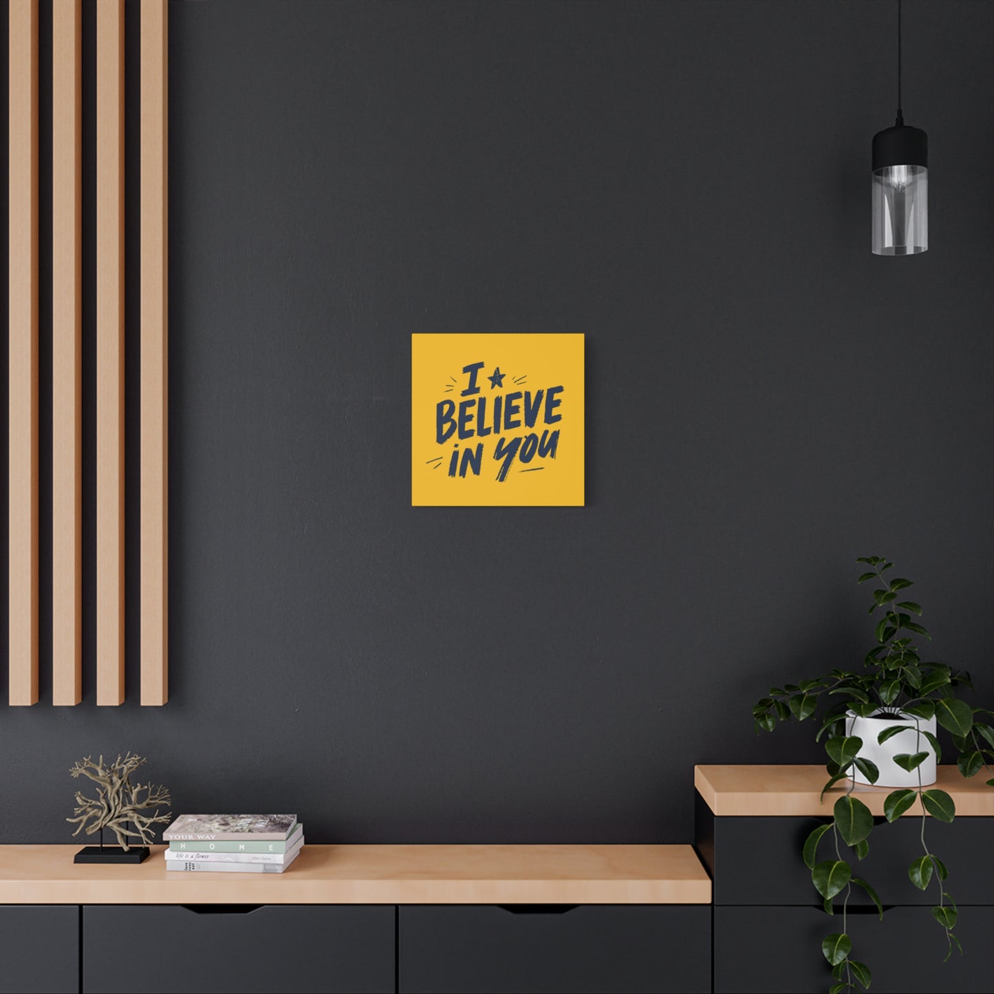 I Believe In You Canvas | Matte Stretched Wall Art, Navy Brush Lettering on Gold