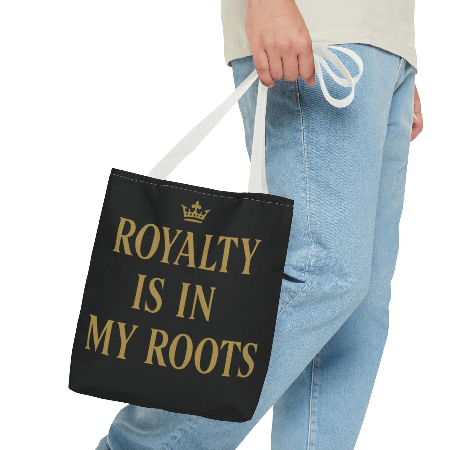 Royalty Is in My Roots Tote Bag - Stylish Eco-Friendly Carryall, Perfect Gift for Her, Black Gold Design, Daily Use, Travel Bag