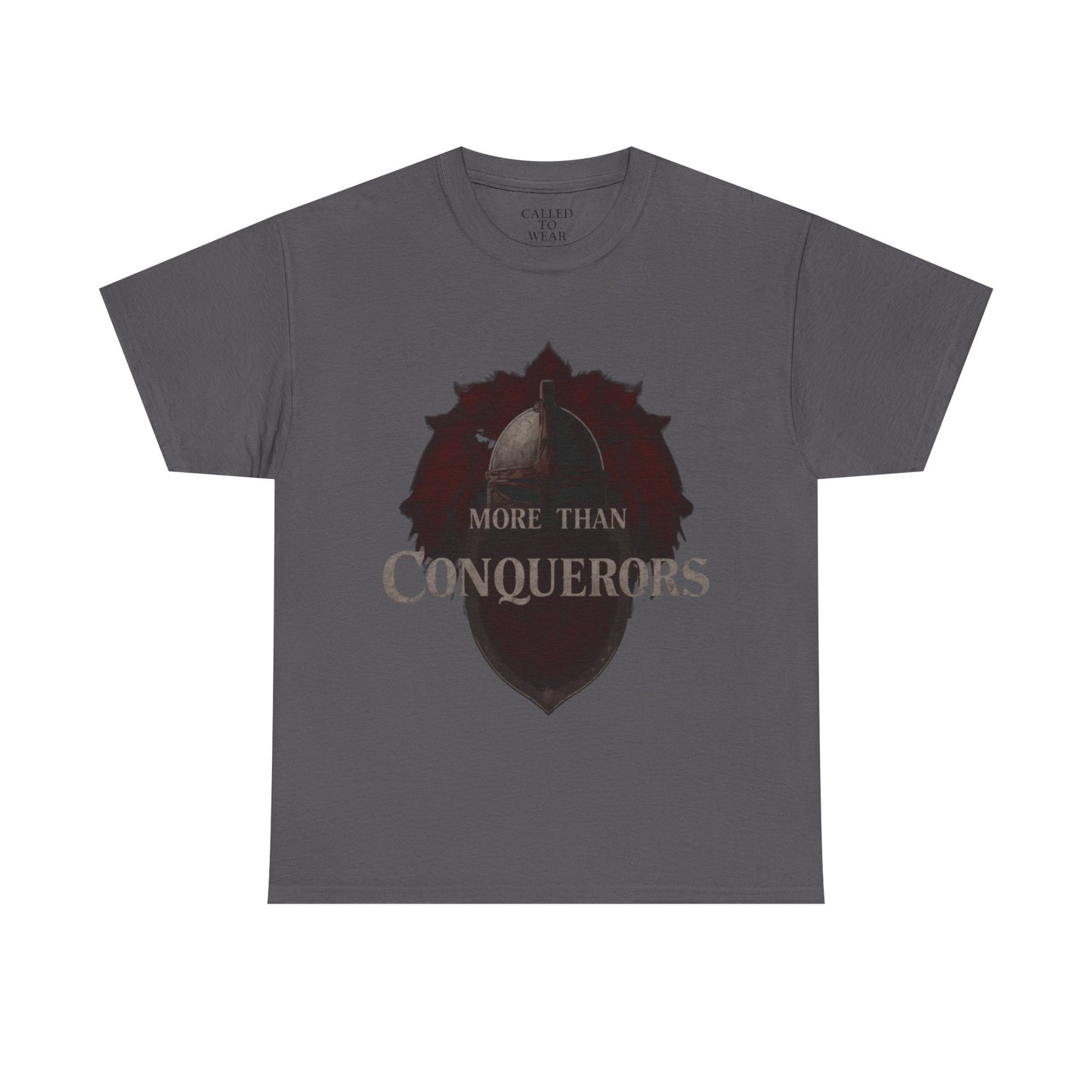 More Than Conquerors Tee | Shield Silhouette Christian faith typography