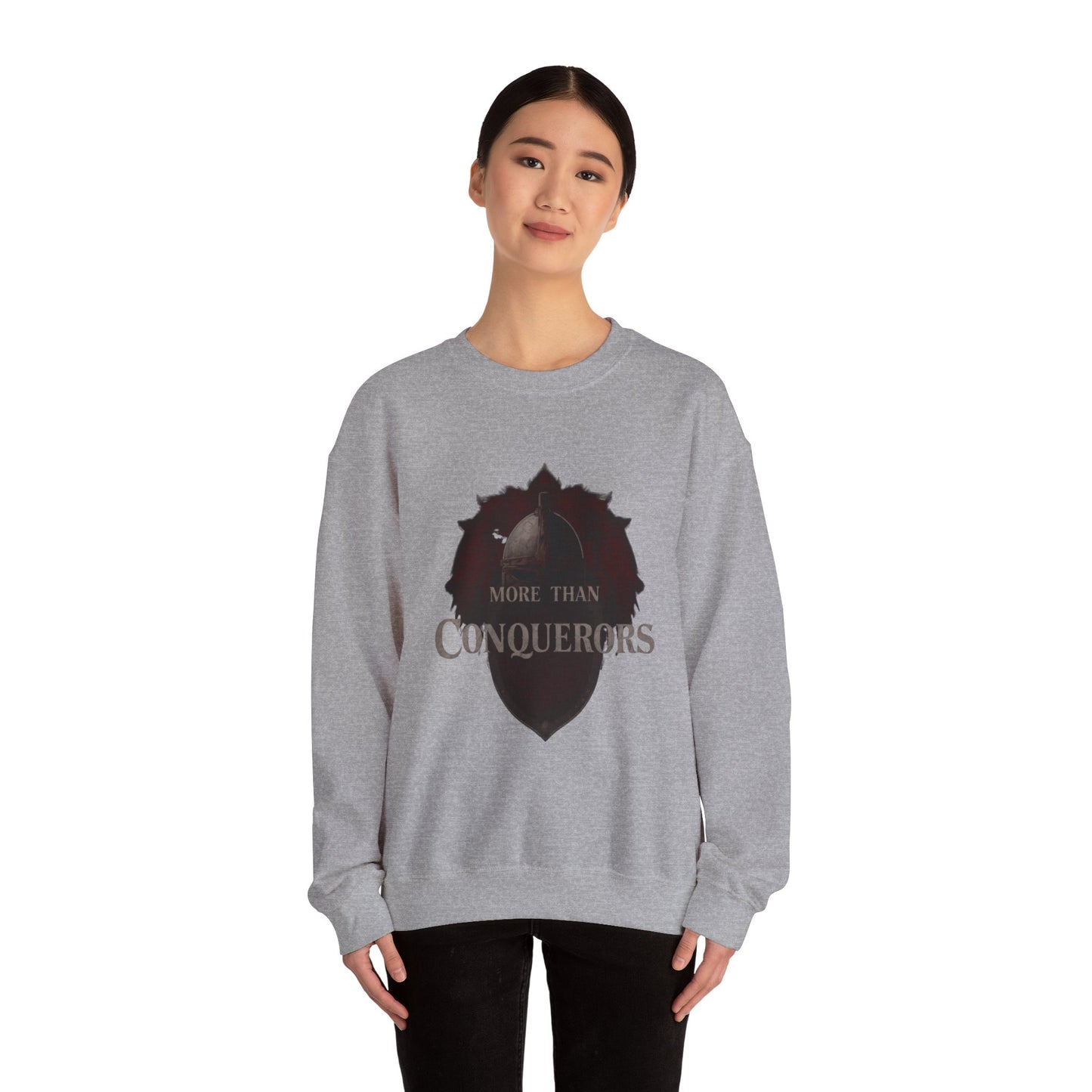 More Than Conquerors Shield Crewneck Sweatshirt | Christian Faith Scripture
