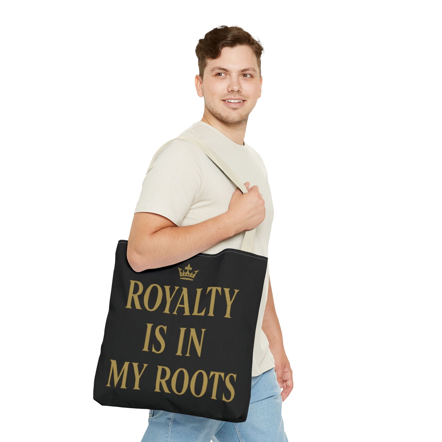 Royalty Is in My Roots Tote Bag - Stylish Eco-Friendly Carryall, Perfect Gift for Her, Black Gold Design, Daily Use, Travel Bag