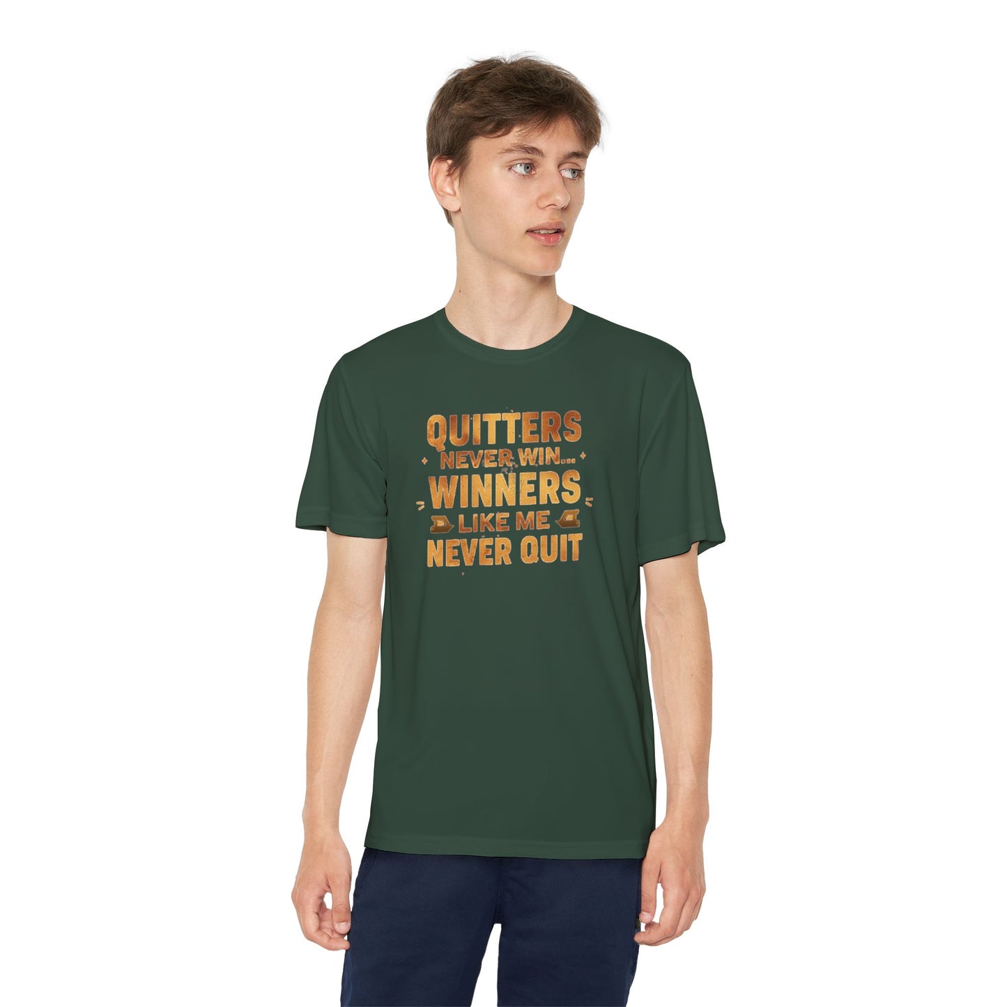 Quitters Never Win Winners Like Me Never Quit T-Shirt | Youth Competition Tee